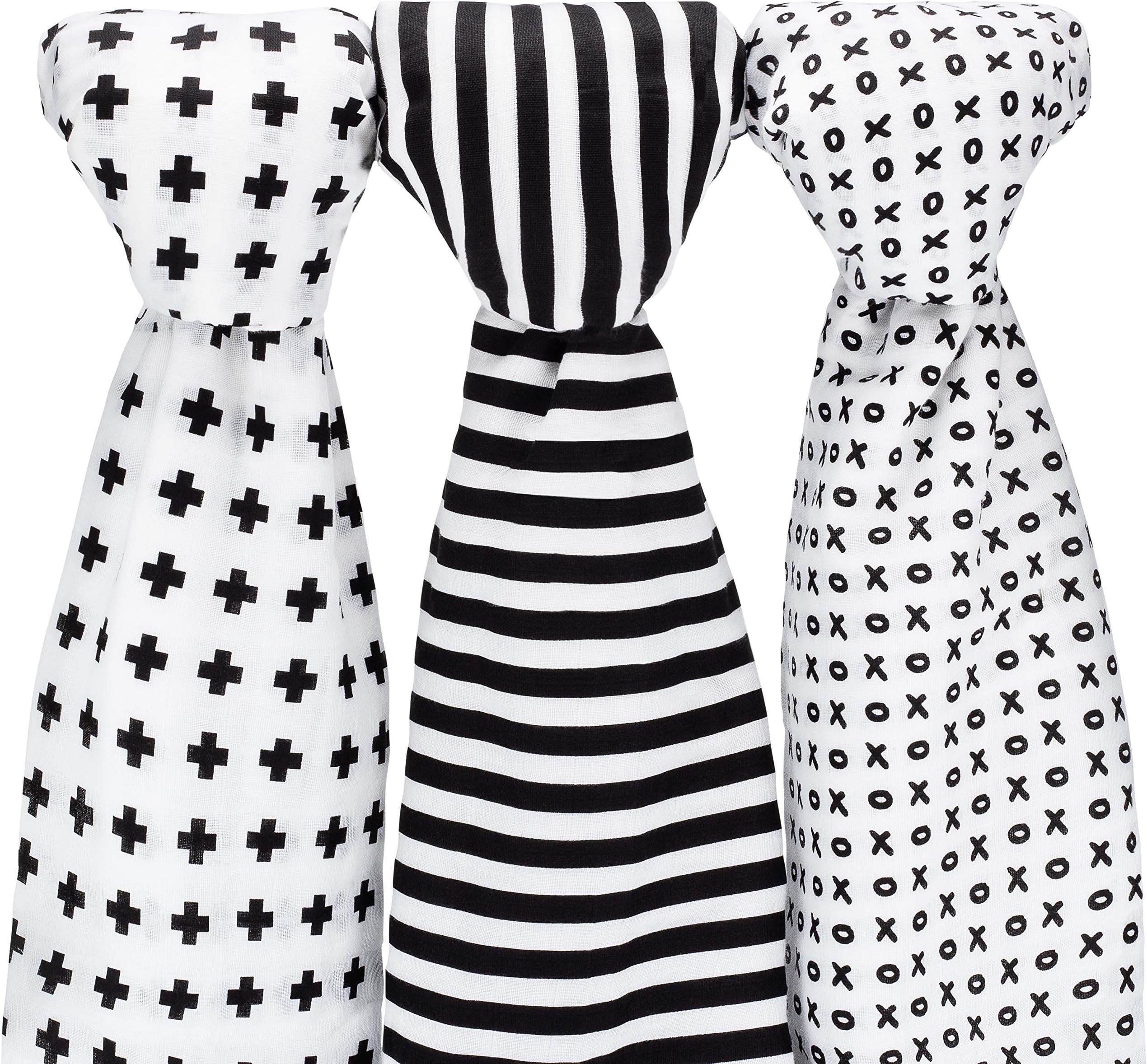 Ziggy Baby Muslin Swaddle Blankets, 47x47 (3 Pack) Black, White, XO, Stripe, Cross