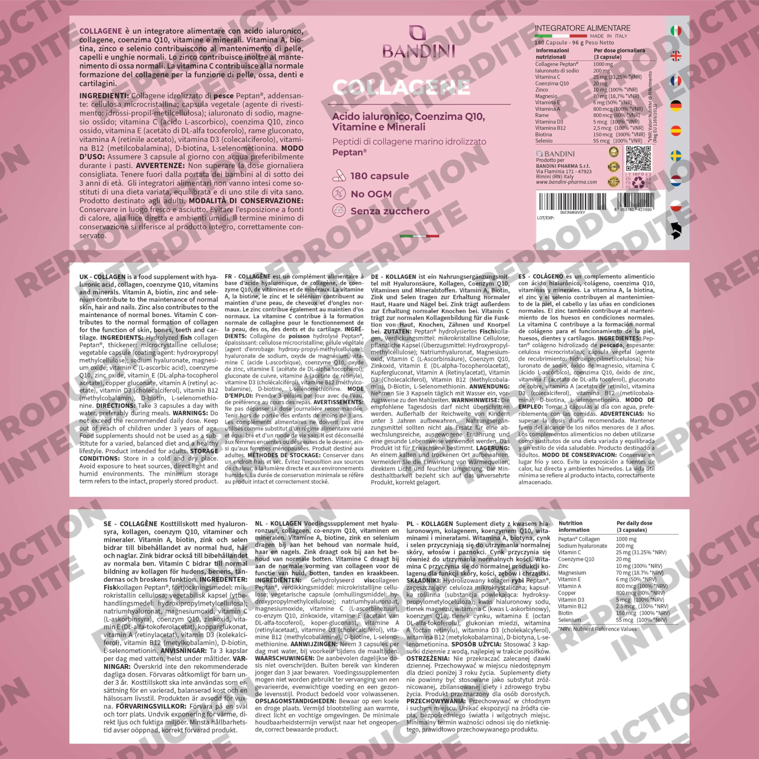 Bandini® Collagène Marin Peptan® + Acide Hyaluronique 180 Gélules, Anti Age | Pour Peau, Articulations et Cheveux - Vitamine C, Biotine, Zinc, Coenzyme Q10 et Sélénium, 1000mg Collagen Type I Hydrolysé