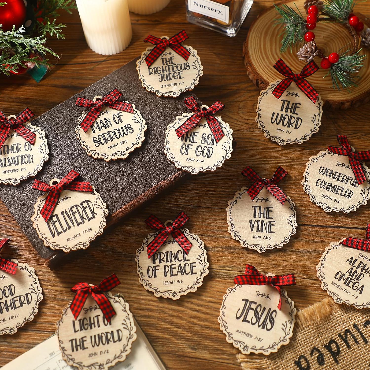 Soaoo 50 Pcs Names of Jesus Ornaments 3 Inch Christmas Religious Decoration Christ Ornaments Christmas Wood Hanging Decoration with Savior Names and Red Buffalo Plaid Bows Decor (Beige,Classic) - Image 5