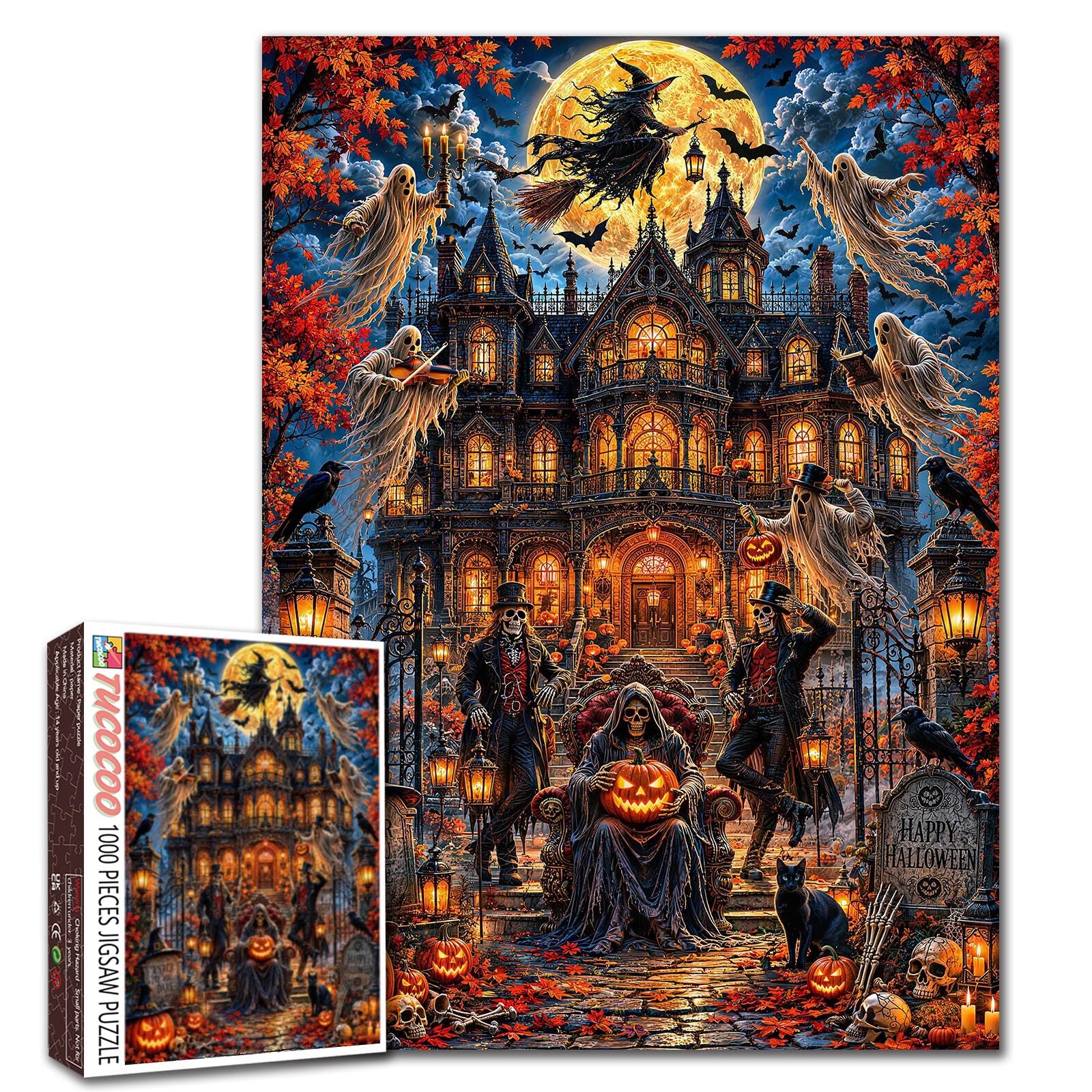 Halloween Jigsaw Puzzles 1000 Pieces for Adults, Families(skeleton gentlemen,ghosts,glowing jack-o'-lanterns) Pieces Fit Together Perfectly 19.7''x27.6''inch Frameable festival Puzzle Art