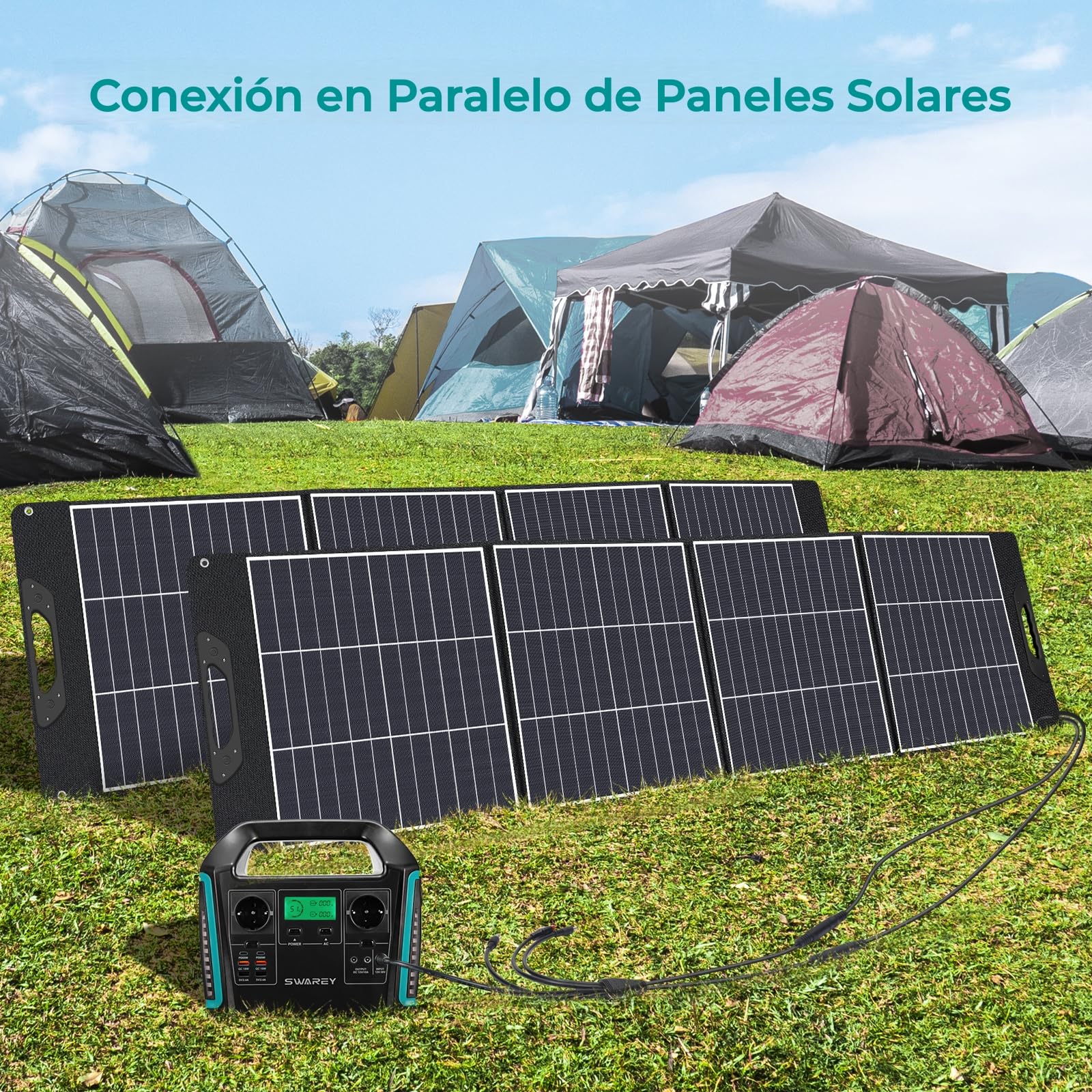 Panel Solar 200W, Placa Solar Portátil Monocristalino con USB-C 18W, Adaptadores XT60 Anderson DC5521, Soportes Ajustables para Estación de Energía Exteriores Camping RV