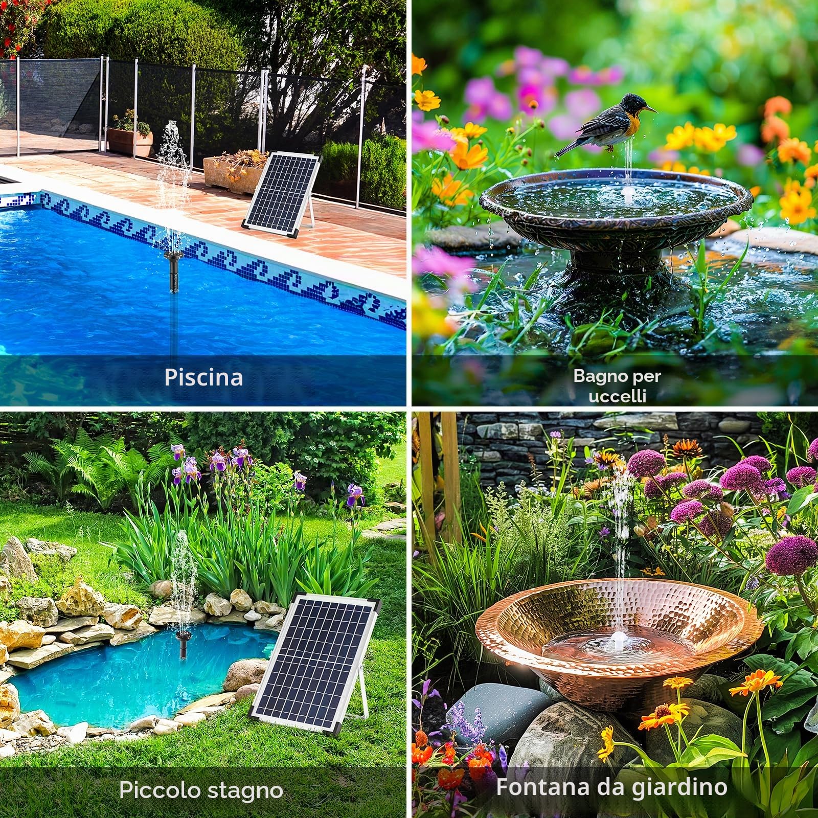 Pompa Solare da 10-12 W, 190 l/h, Fontana Solare da Giardino, Pompa Acqua Solare da Esterno, Tubo da 1 M, Lunghezza del cavo 3,25M, 9 Ugelli, per Laghetto, Bagno Degli Uccelli,Vasca per Pesci,Giardino