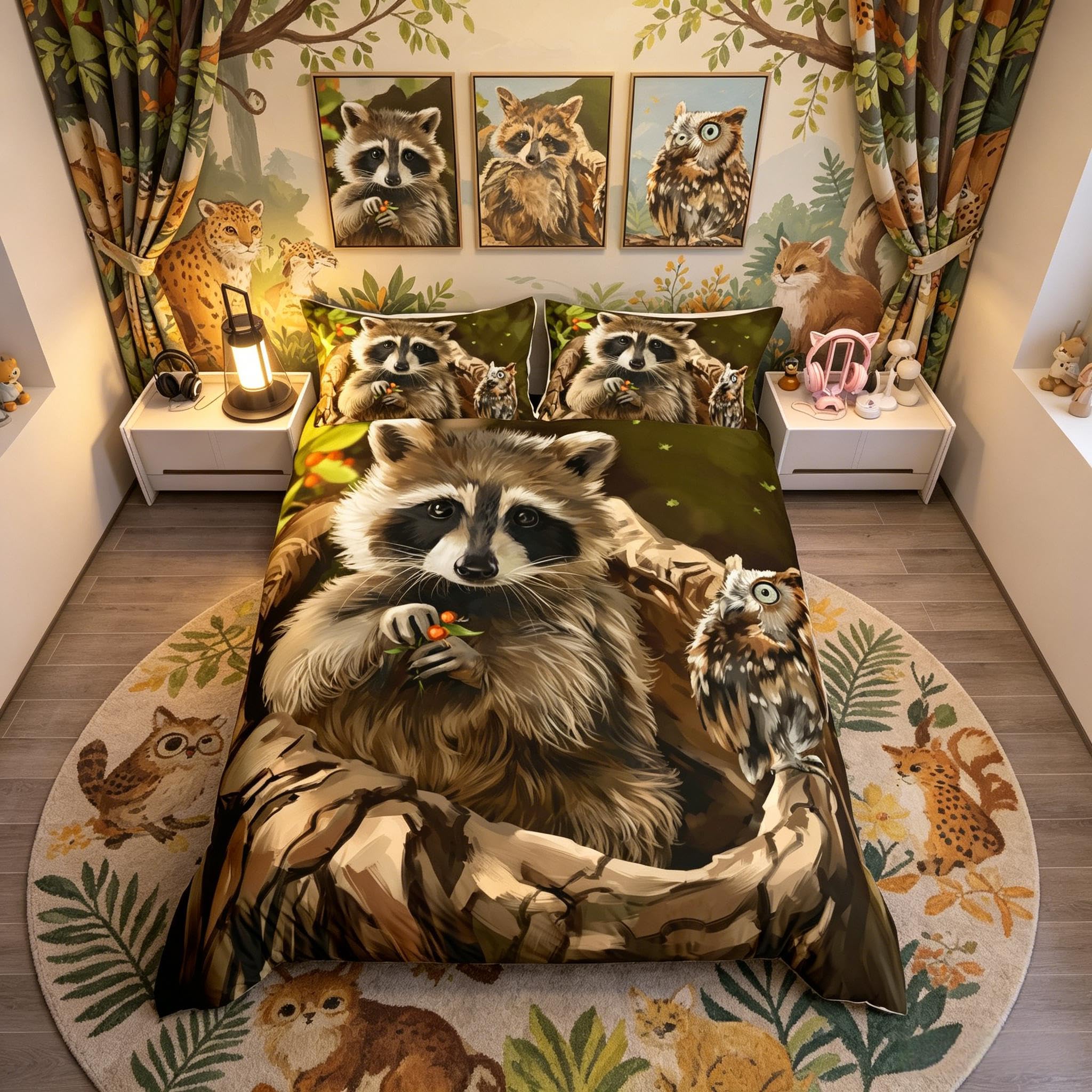 Loussiesd Raccoon Duvet Cover Cute Animal Theme Bedding Owl Pattern Comforter Cover for Boys Girls Kids Room Decor Wildlife Style Bedspread Cover Nature Single Size With 1 Pillow Case