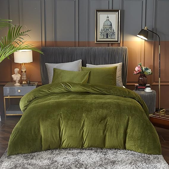Ivellow Velvet Flannel Duvet Cover King Size Olive Green Comforter