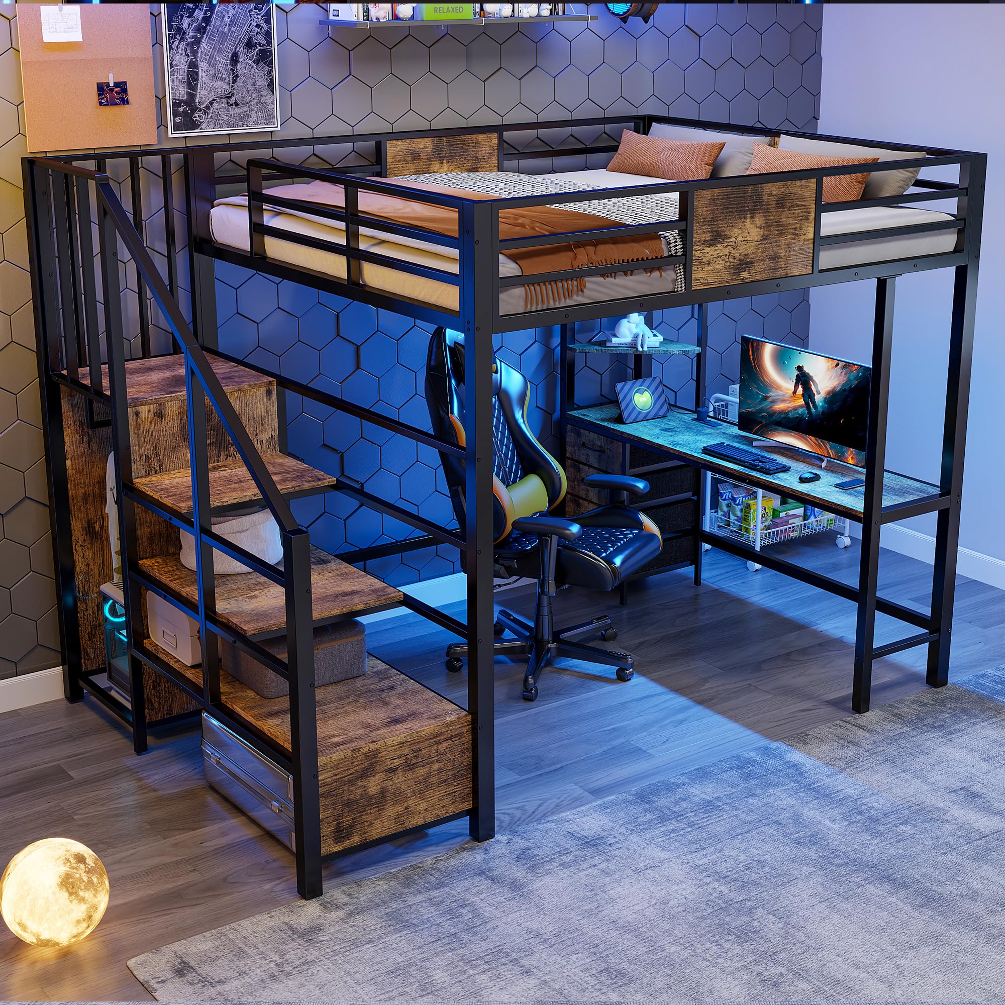 Lit Mezzanine Enfant 140x200cm avec éclairage LED et Prise électrique,métal lit superposé 2 Place avec Bureau, étagères, Tringle à vêtements,lit avec Rangement,Cadre de lit,sans Matelas,Noir