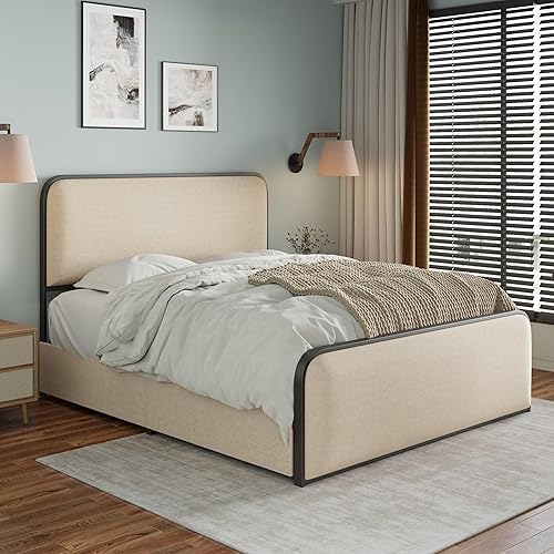 Miniatura 19 de SOFTSEA Cama de plataforma tapizada tamaño Queen con cajón de almacenamiento, marco de cama tapizado con cabecera con respaldo de alas, soporte de