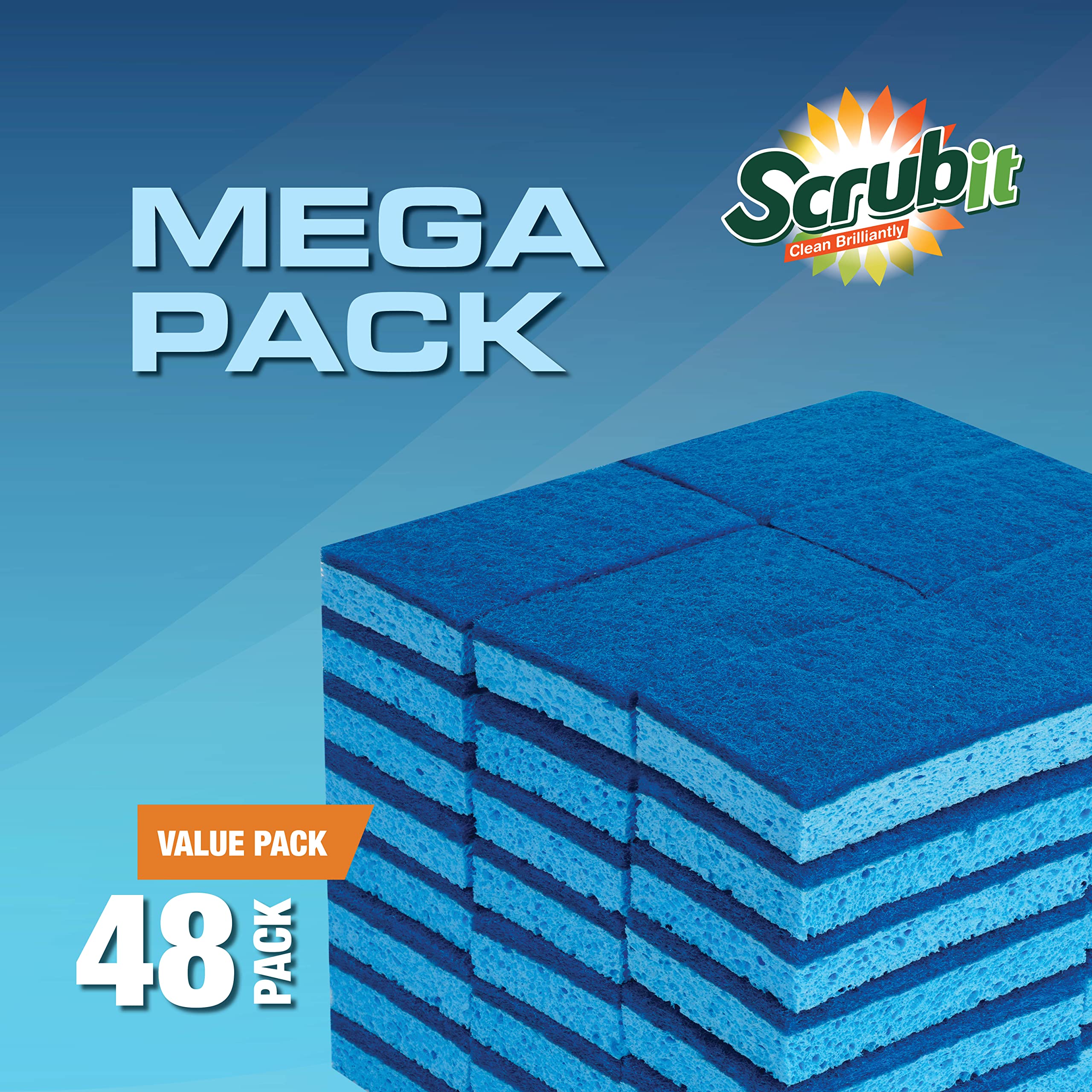 SCRUBIT 48 Stück Küchenschwämme – Geschirrschwamm zum Spülen von Geschirr, Küche & Bad – Blaue Spülschwämme zusammen mit einem Gedanken Schrubber – Bulk Reinigungsschwämme Küche (blau)