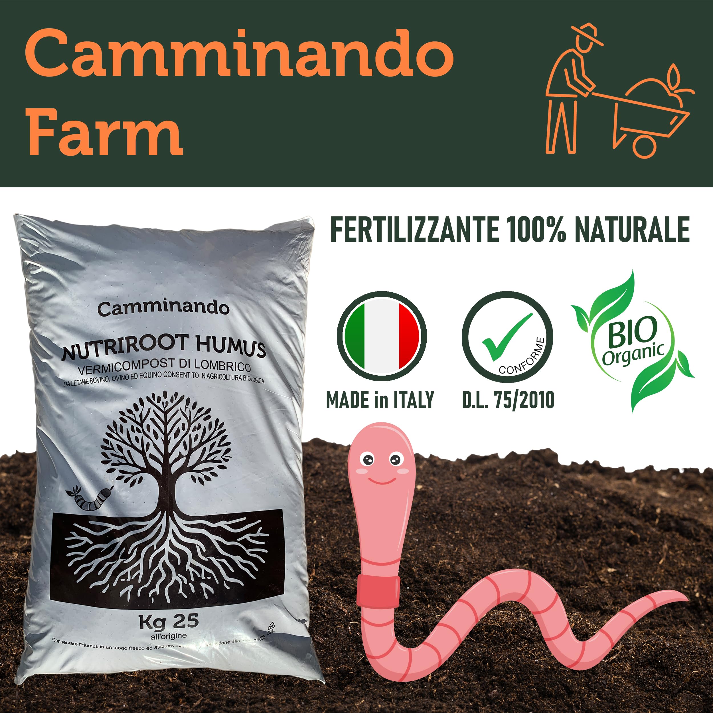 NutriRoot Humus di Lombrico Naturale | Concime Organico Biologico da Letame Maturo | Fertilizzante per Orto, Giardino e Piante in Sacco da 25kg | Prodotto Italiano