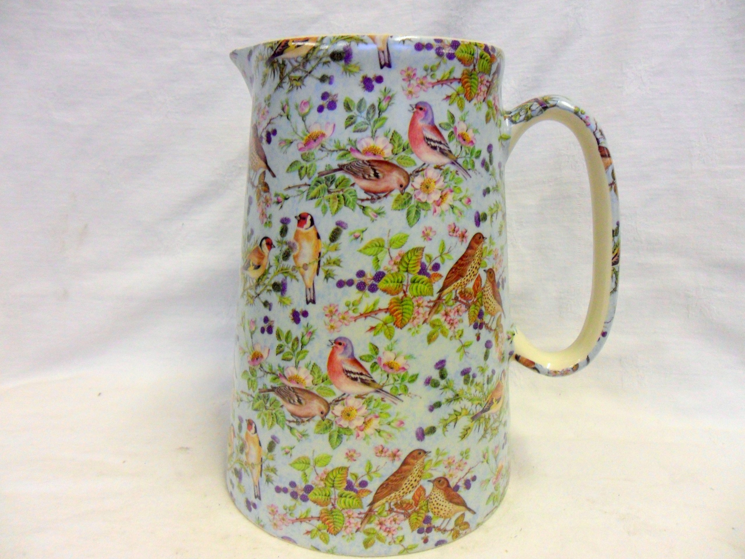 Heron Cross Pottery British Birds Blue Design 4 Pint Extra Large Jug In "British Birds Blue" Design By