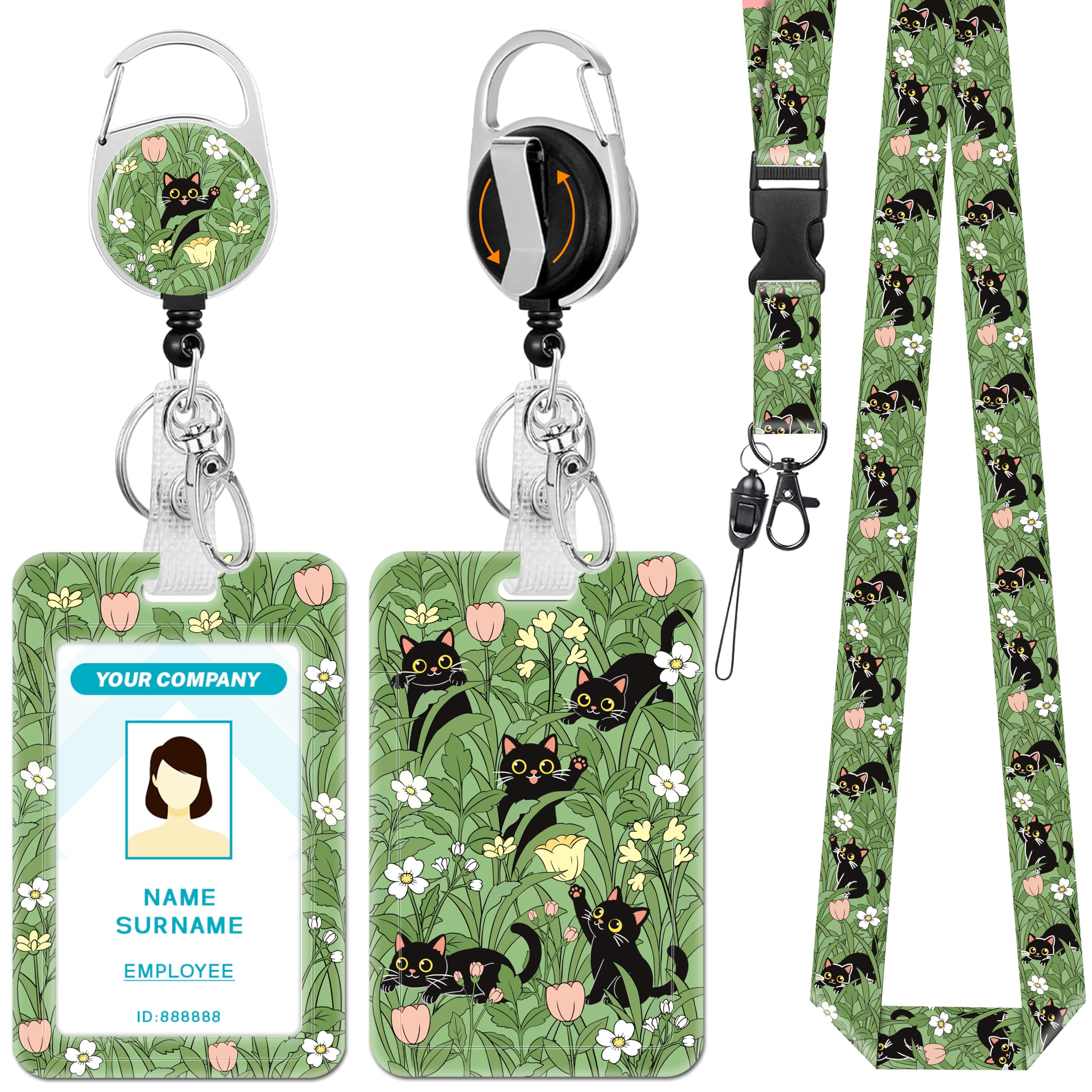 Hancynir Black Cat Flower Lanyards for Id Badges with Retractable Reel Clip
