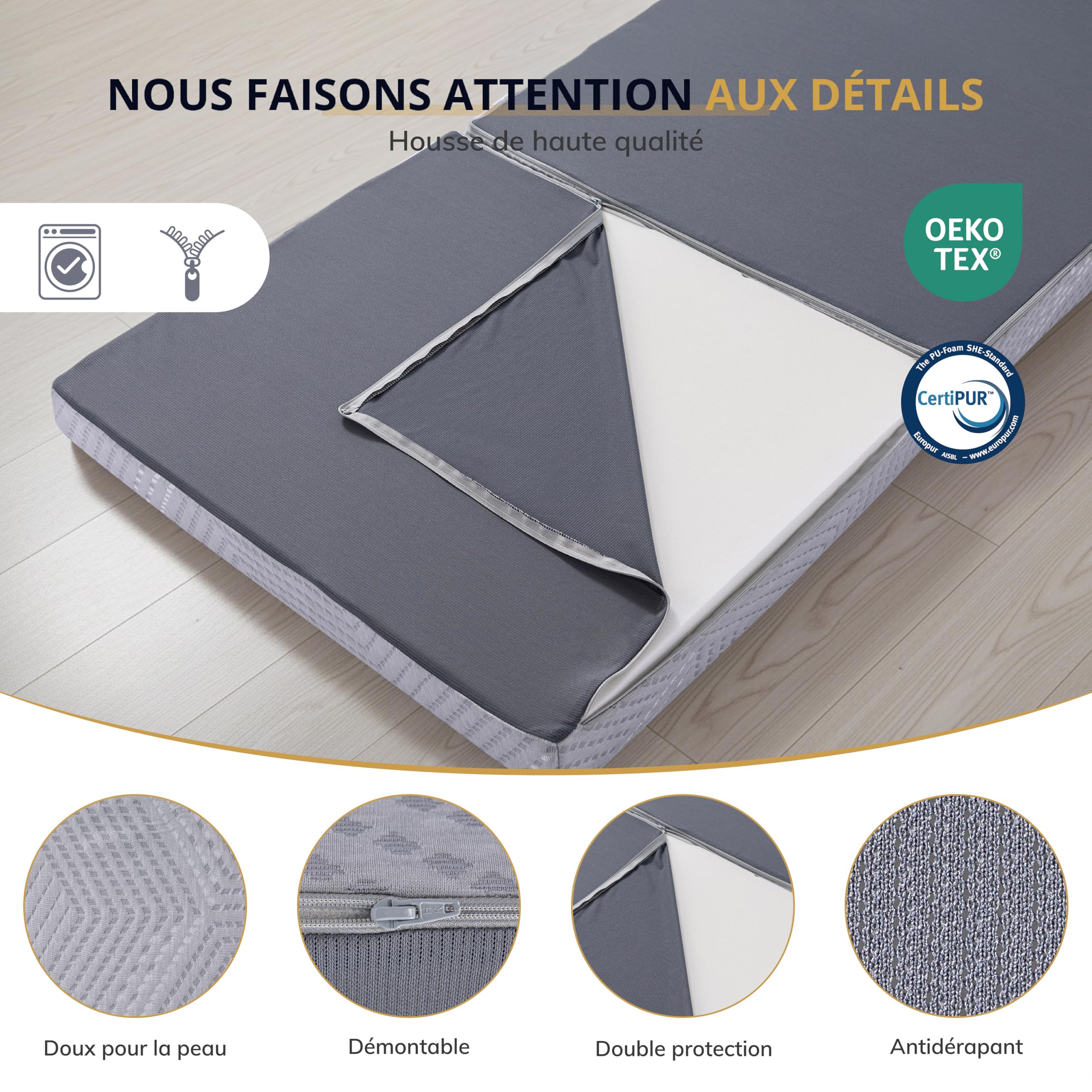 EGO HOME Składany materac, 75 x 195 cm, wysokość 10 cm, składany materac dla gości, stopień twardości H3, 3-częściowy materac piankowy Visco z żelu, na podróż, kemping, podłogę, łóżko dla gości
