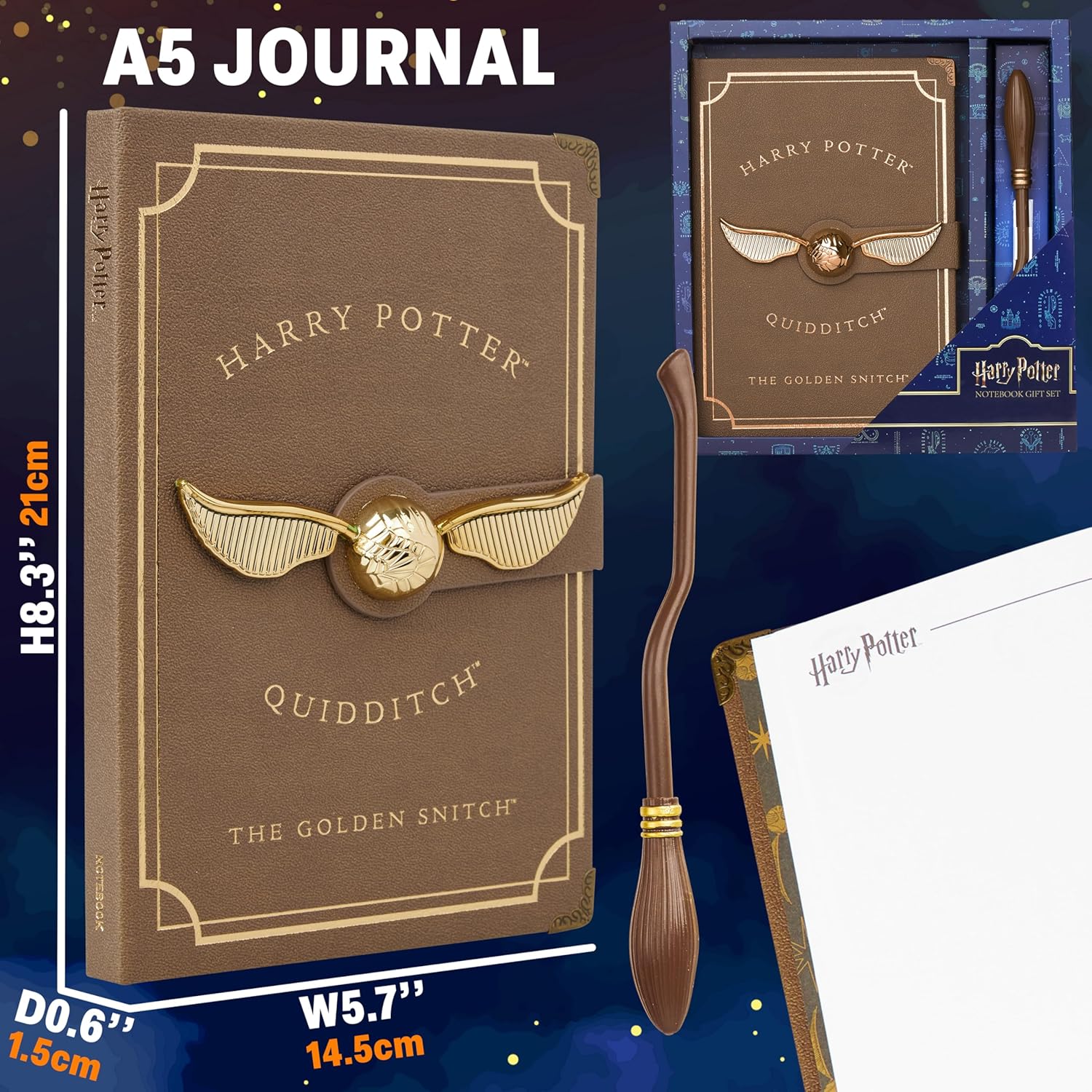 Harry Potter A5 Notebook Set with Broomstick Pen for Kids, Teens, Faux Leather Cover, Golden Snitch Detail, Stationery Supplies, Gifts for Kids (Brown Wand Pen) - Image 6