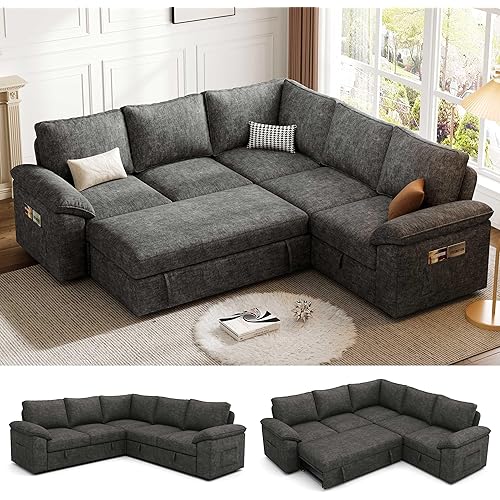 85 Inch Modular Sectional Sofa with Pull Out Bed,L Shaped 5 Seat Sectional Sleeper Sofa with Storage,Sectional Couches for Living Room,Cloud Modular Couch,Removable Sofa Cover, Dark Grey