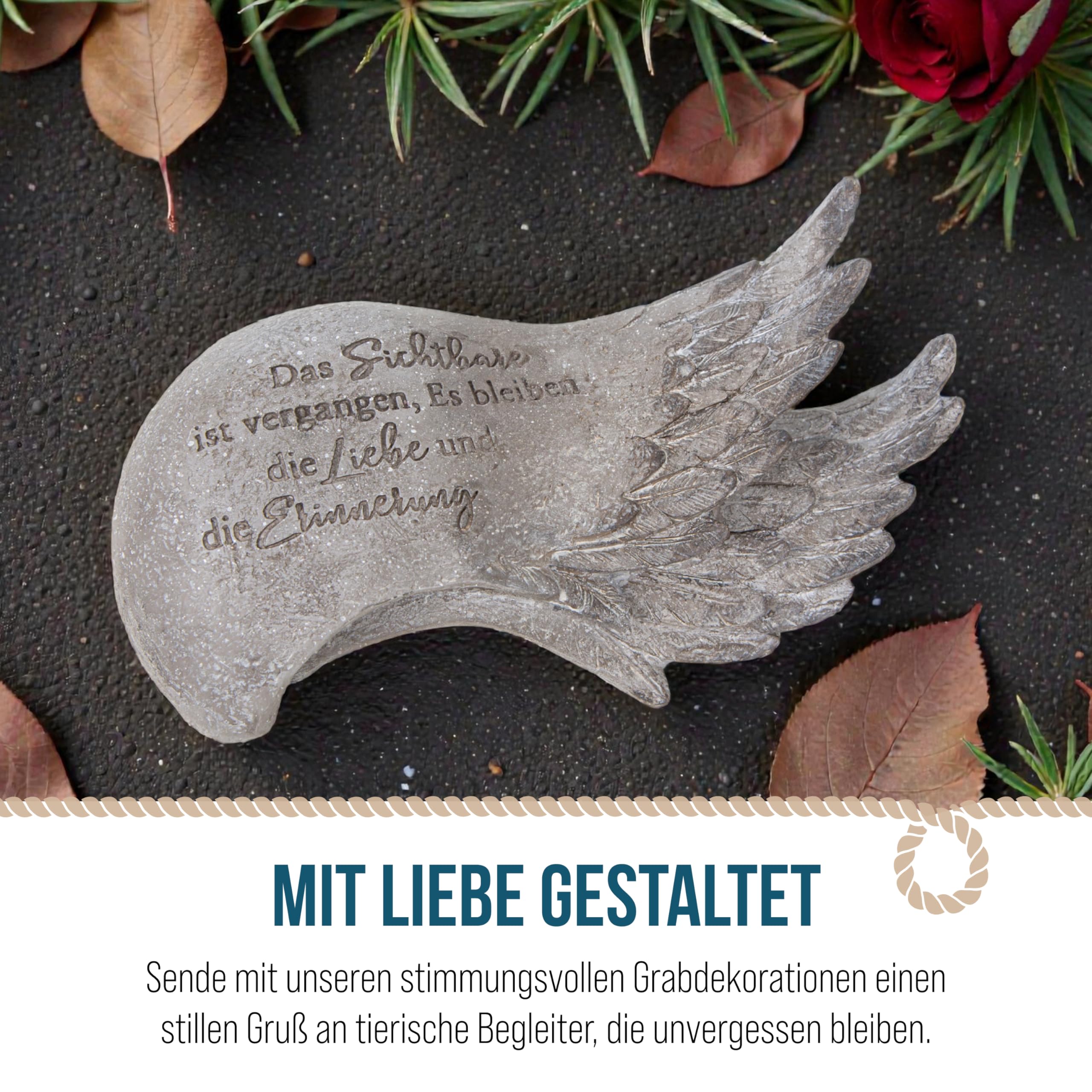Grabdeko Engelsflügel mit Spruch: Grabschmuck Engel, Grabstein Wetterfest, Deko Grab, Friedhof & Urnengrab, Gedenkstein Figur, Grabdekoration Allerheiligen, Trauerstein, Andenken, 19,5 x 10,5 x 6,5 cm