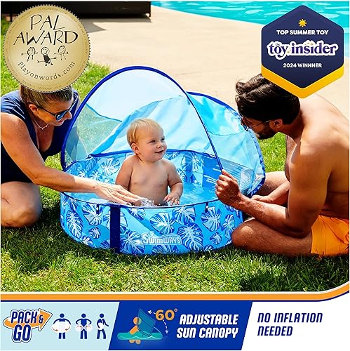 Vista 2 de Swimways Elite - Piscina desplegable sobre el suelo, piscina para bebés con toldo y funda de transporte, piscina plegable para niños de 9 a 24