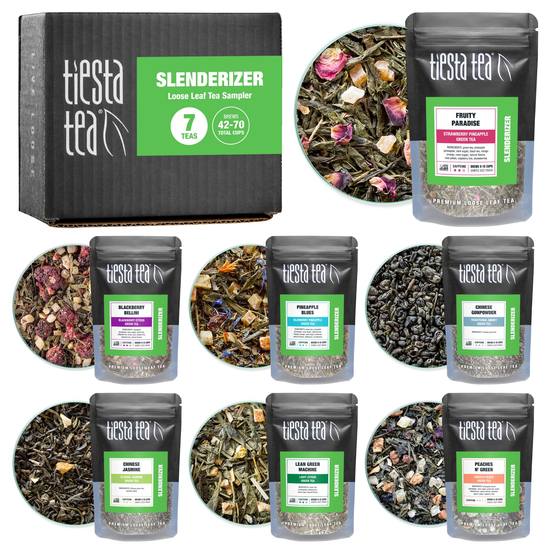 Tiesta Tea - 7 Green Teas Dry Flight Sampler, Loose Leaf, Medium Caffeine Hot & Iced Tea, Premium Green Tea Blends, 7 Resealable Sample Pouches