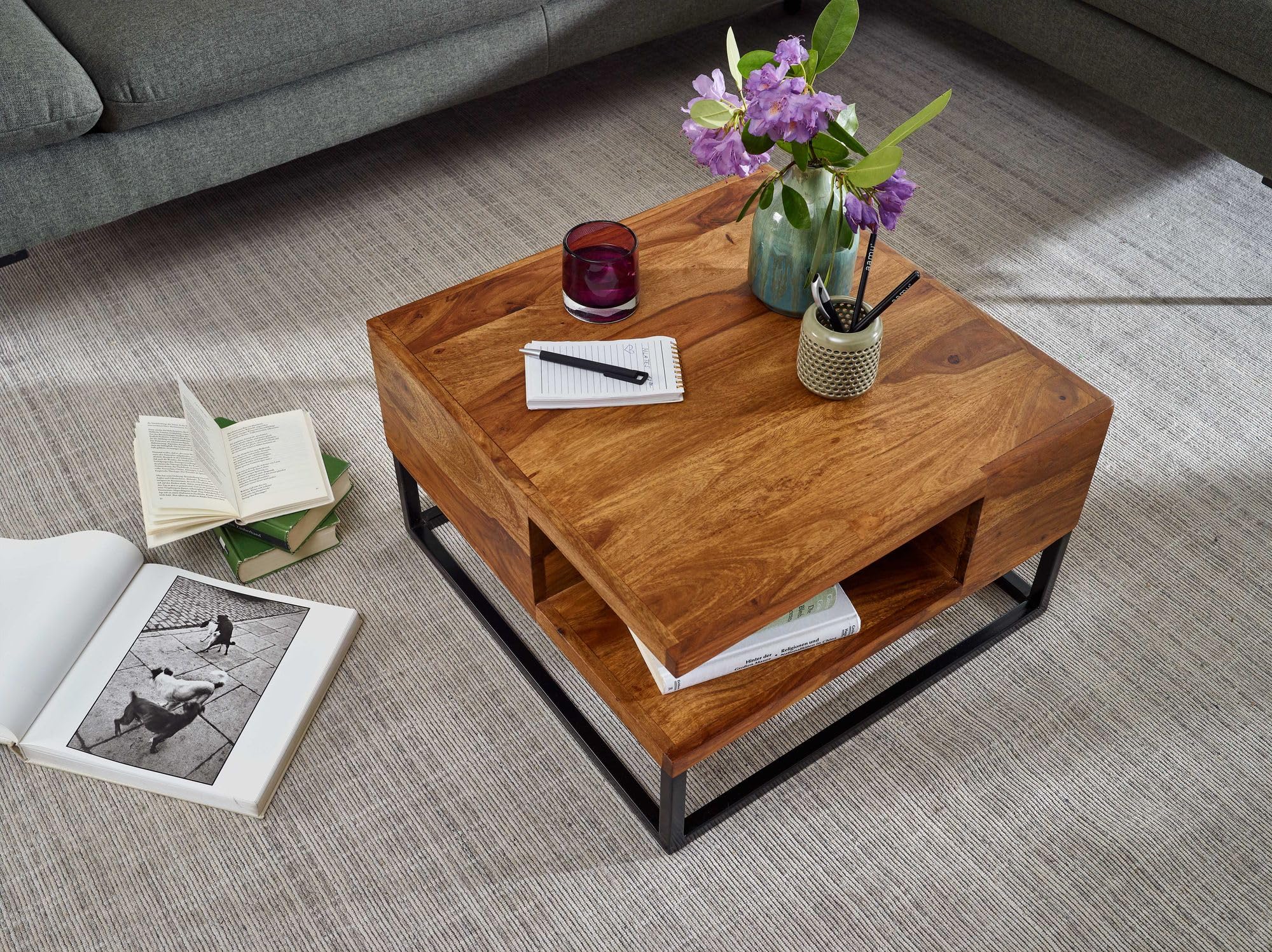 FineBuy Couchtisch 60x60x34,5 cm Sheesham Massivholz/Metall Sofatisch Eckig, Wohnzimmertisch mit Stauraum, Kaffeetisch Massiv, Kleiner Tisch Beistelltisch Wohnzimmer Modern Quadratisch Braun
