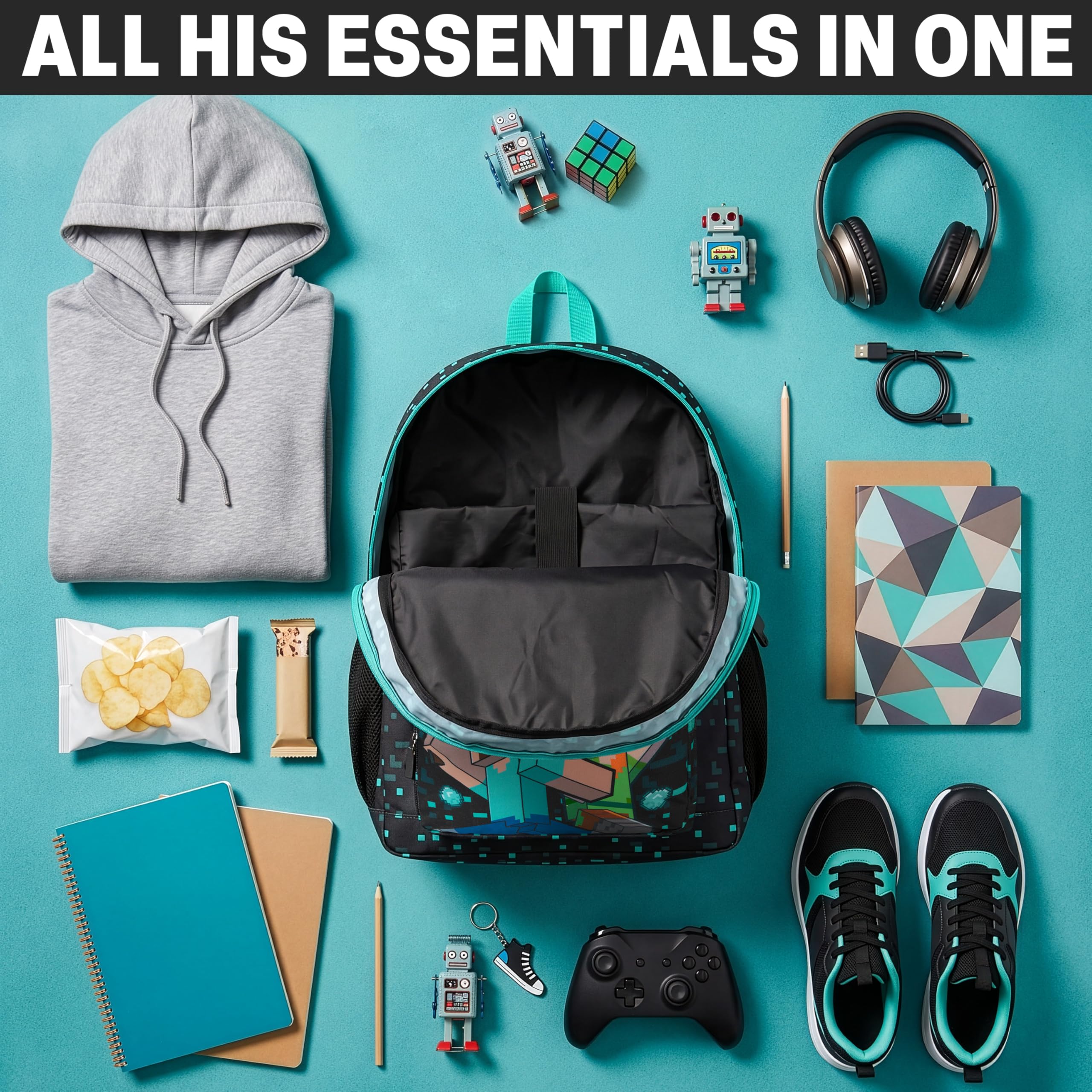 Get Trend Minecraft Sac a Dos Garcon, Fermeture Eclair et Bandoulière Réglable Cartable, Gaming Merchandise, Cadeau Garcon (Bleu/Multi Minecraft)