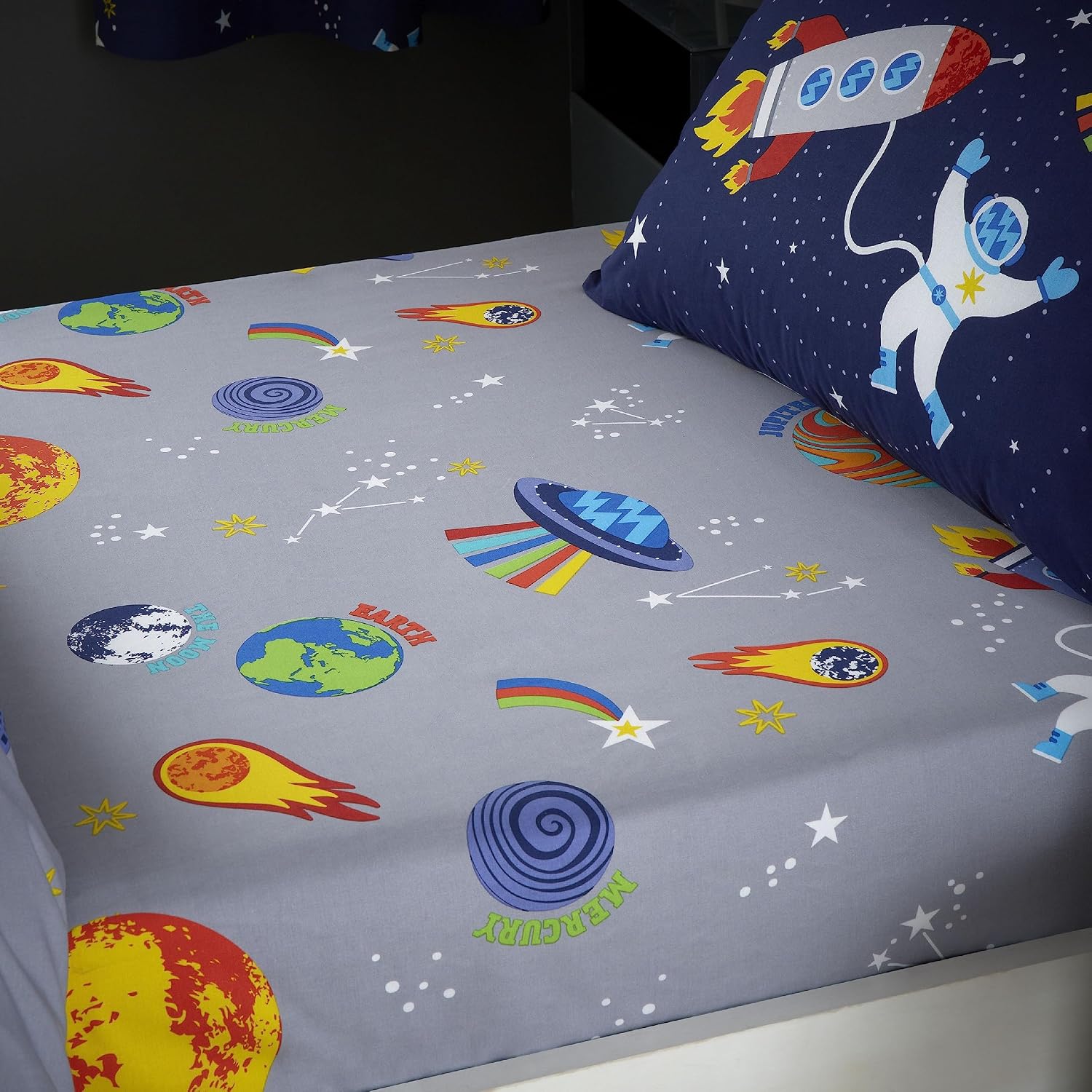 Catherine Lansfield Lost In Space Single Fitted Sheet Grey