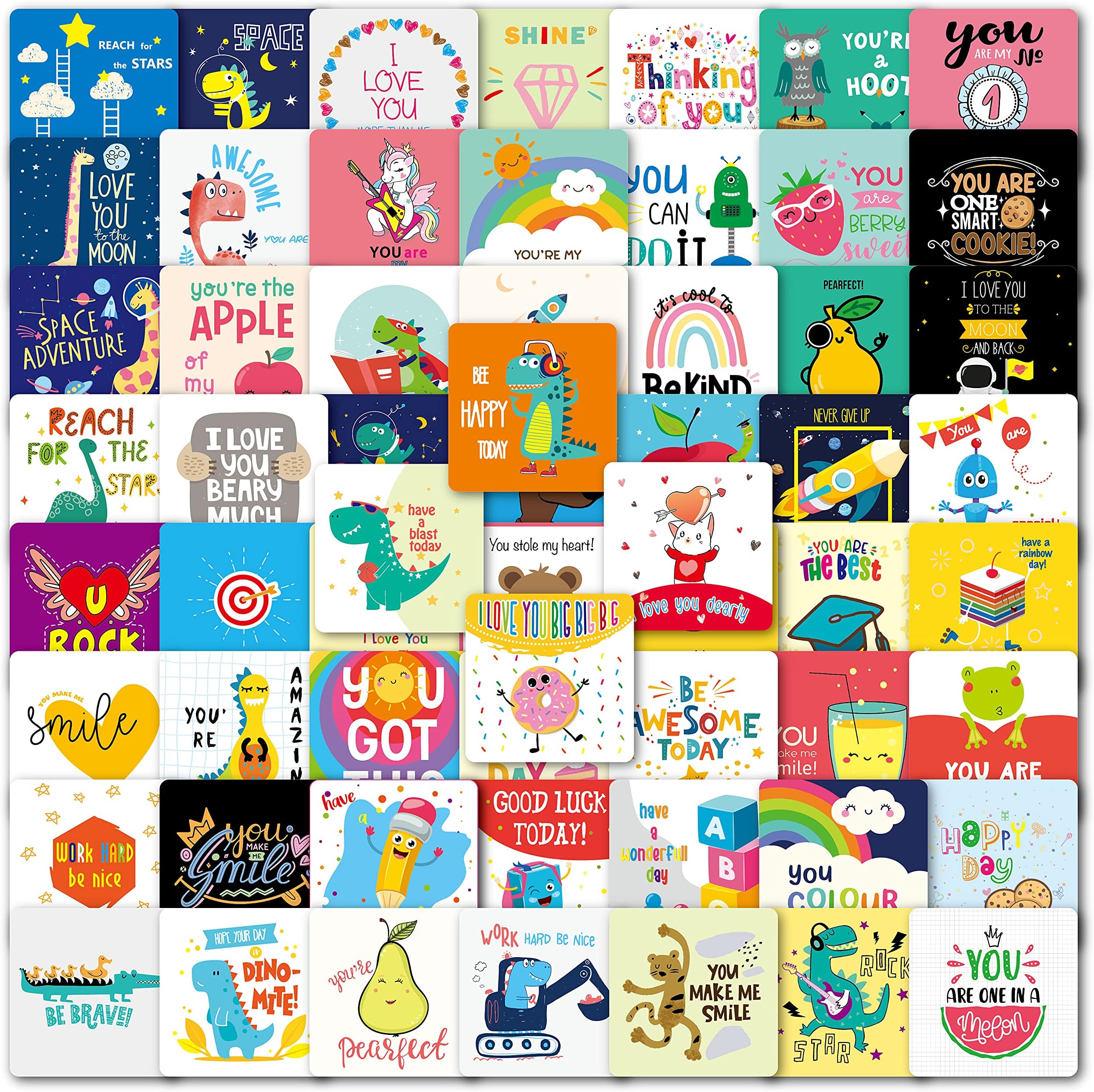 Lunch Box Notes for Kids, 60 Cute Design Positive Affirmation Lunch Box Cards for Kindergarten Kids - Inspirational & Motivational Love Notes for Lunchbox for Boys Girls(With Blank Space)