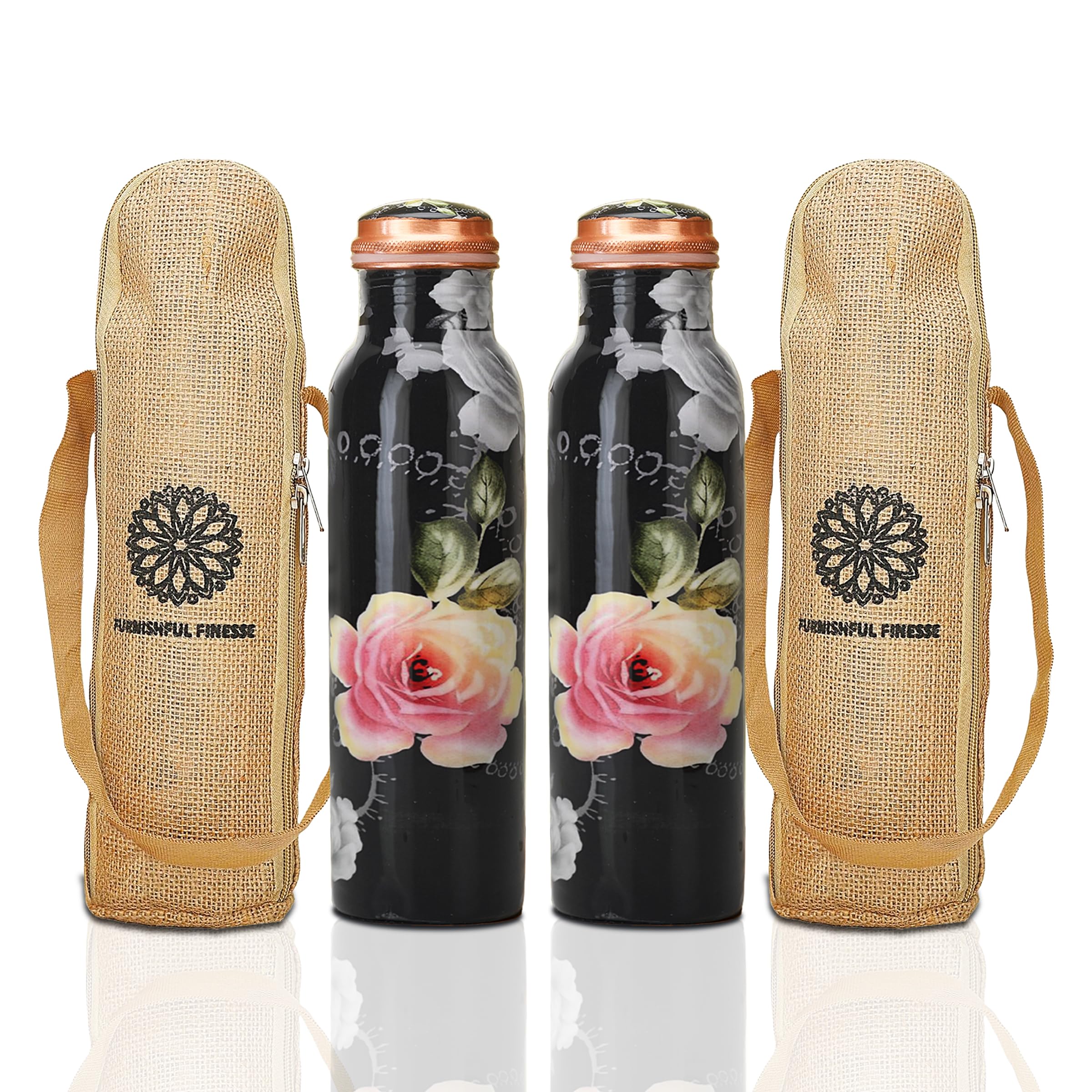 Copper Water Bottle 32 Ounce Ayurvedic Pure Coppers Vessel with Jute Carry Bags Cu+2 Bottles 1000 ml - 1 Liter (Pack of 2, Black Floral)