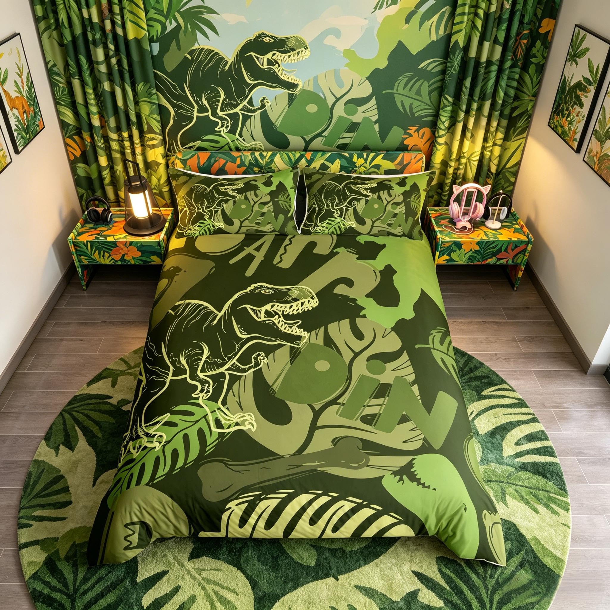 Homemissing Jurassic Dinosaur Comforter Cover T-Rex Bones Bedding Set Prehistoric Jungle Animals Duvet Cover for Kids Boys Girls Cute Cartoon Dino Bedding & Linen Single