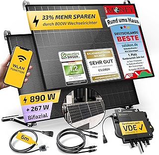900W Balkonkraftwerk mit Halterung (Balkon) - Balkonkraftwerk 800W komplett Steckdose - 800 Watt Wechselrichter - Solaranlage Komplettset - 450W bifaziale Solarmodule inkl. Zubehör - 5m Kabel
