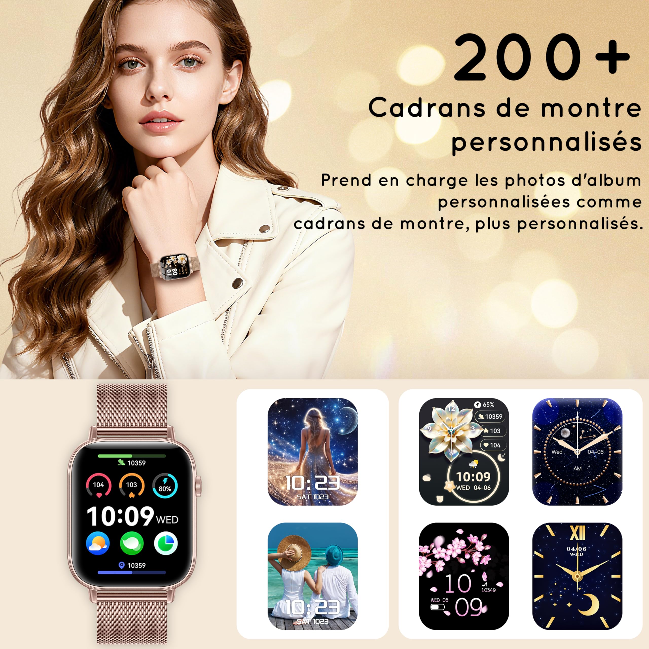 Montre Connectée Femme 3 Bracelets 1.83" HD Fitness Tracker Smartwatch avec Appels Bluetooth/Surveillance Cardio/SPO₂/Sommeil/Podomètre, 120 modes sportifs IP68 Étanche pour iOS Android, Or Rose