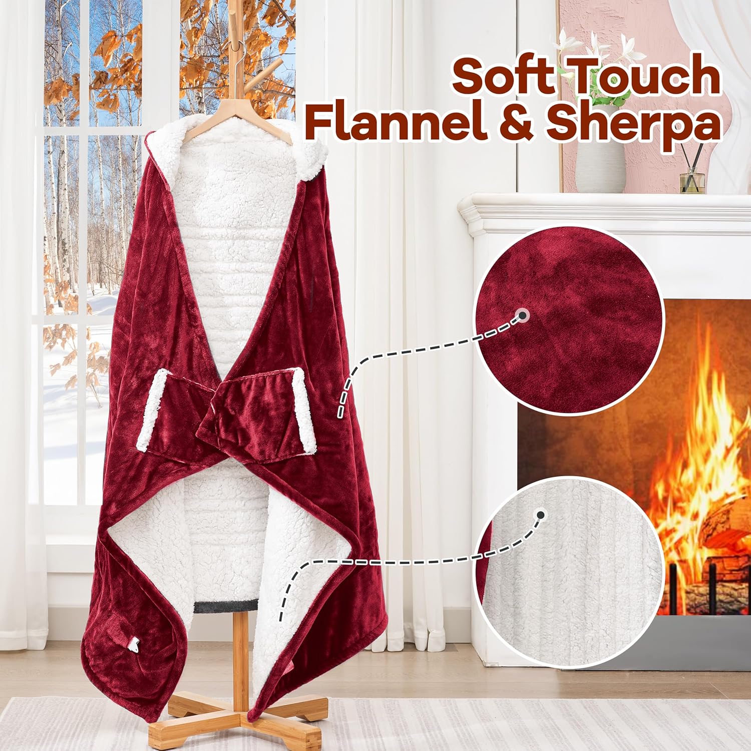 Heated Blanket Wearable Electric Blanket with Hood and Pockets, Heating Throw Blanket, Electric Heated Wrap Shawl with 6 Heating Levels Setting & 4 Hours Auto Shut Off, Machine Washable(Shrot, Wine) - Image 5