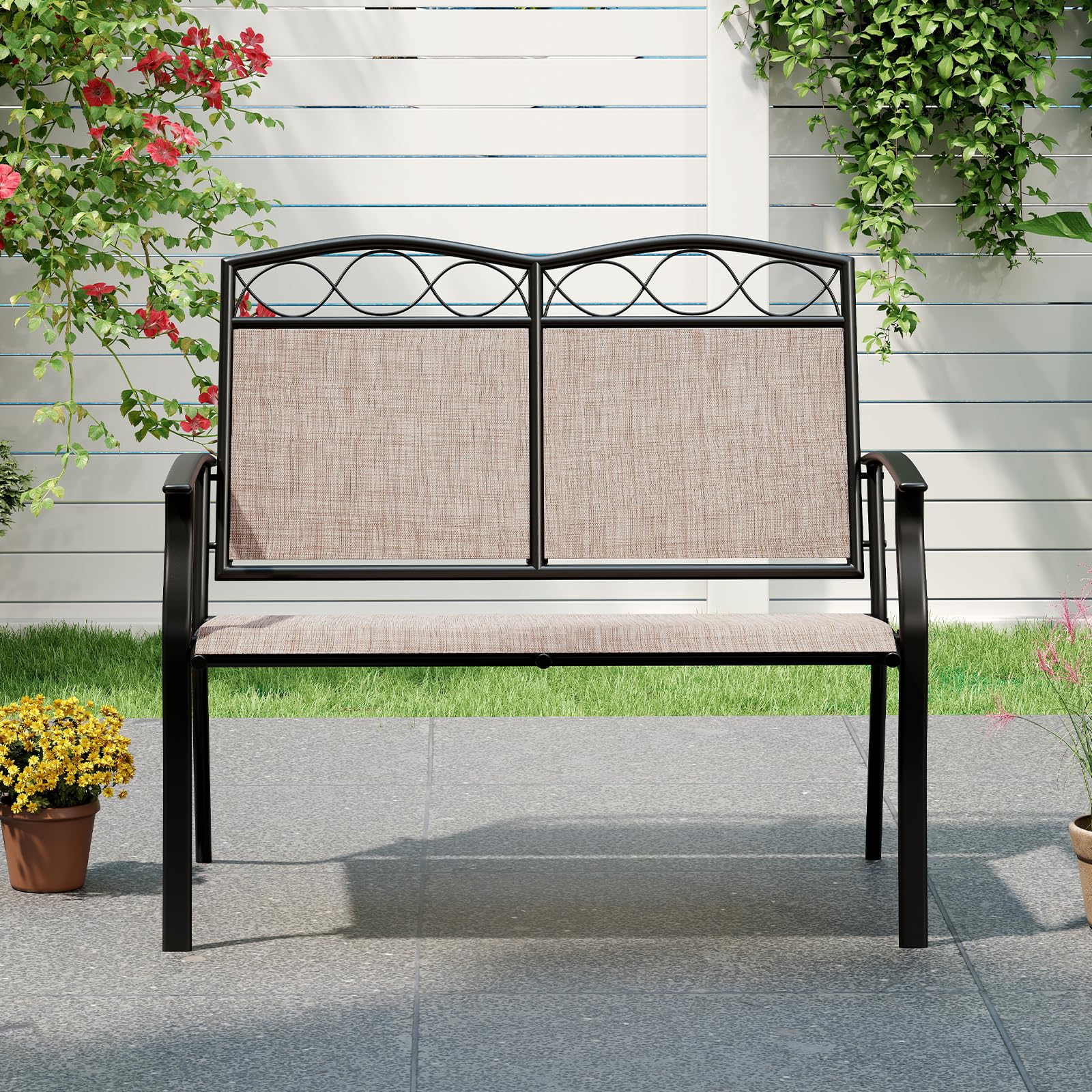 COSTWAY Gartenbank wetterfest, Outdoor Sitzbank für 2 Personen, Balkonbank mit Metallrahmen, atmungsaktivem Stoff, bis 300 kg belastbar, für Garten, Balkon, Terrasse
