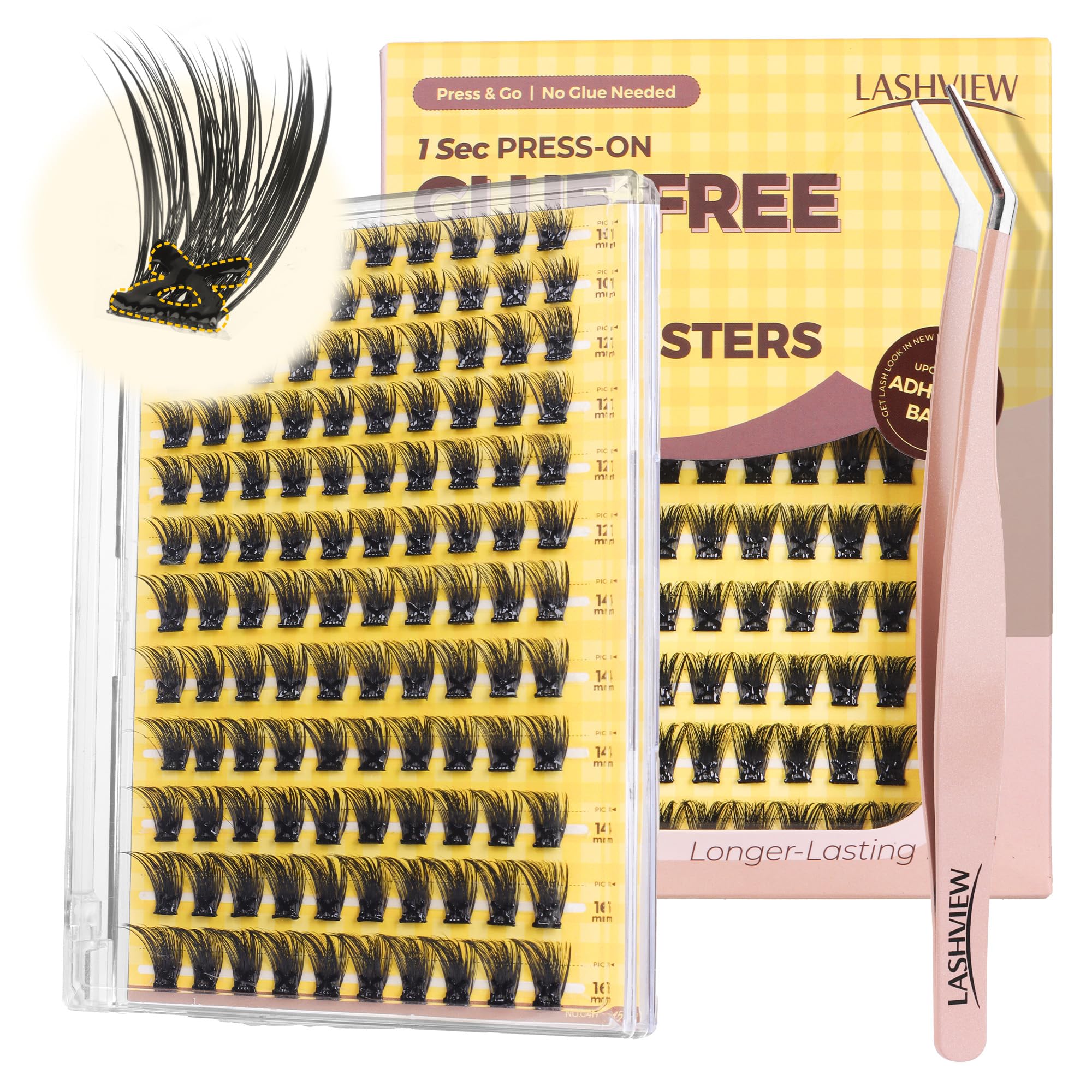 LASHVIEW Self Adhesive Lashes Clusters Eyelashes, 5+ Days Wear Press-on Lashes 10-16mm Individual Lash Extension Kit with Tweezers, No Glue Needed Natural DIY Kit (ZNF23) — view 19