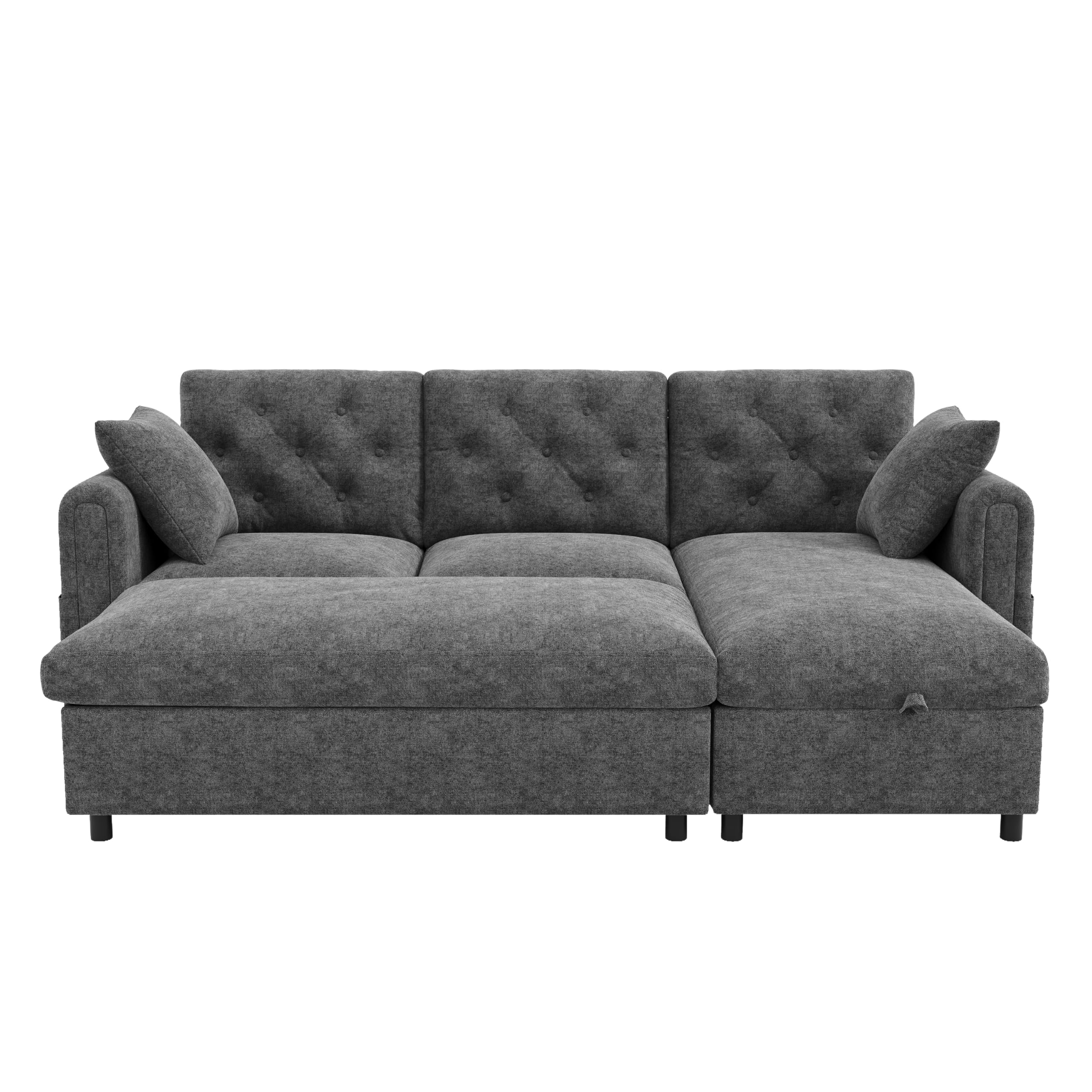 Merax Ecksofa mit Flexibler Ottomane & Hocker, Modulares L-Form Sofa mit 2 Bettkästen, beidseitig montierbar, Schlafsofa mit Seitentaschen & Knopfheftung, 3-Sitzer Couch, 219cm, Grau