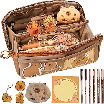 Adorable Capybara Pencil Case with 16PCS Cute Accessories, Kawaii Pen Pouch Includes Pens, Capybara Plush Brooch, Keychain, Clips, Note, and Stickers