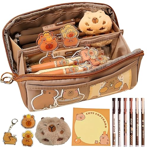 Adorable Capybara Pencil Case with 16PCS Cute Accessories, Kawaii Pen Pouch: Includes Pens, Capybara Plush Brooch, Keychain, Clips, Note, and Stickers