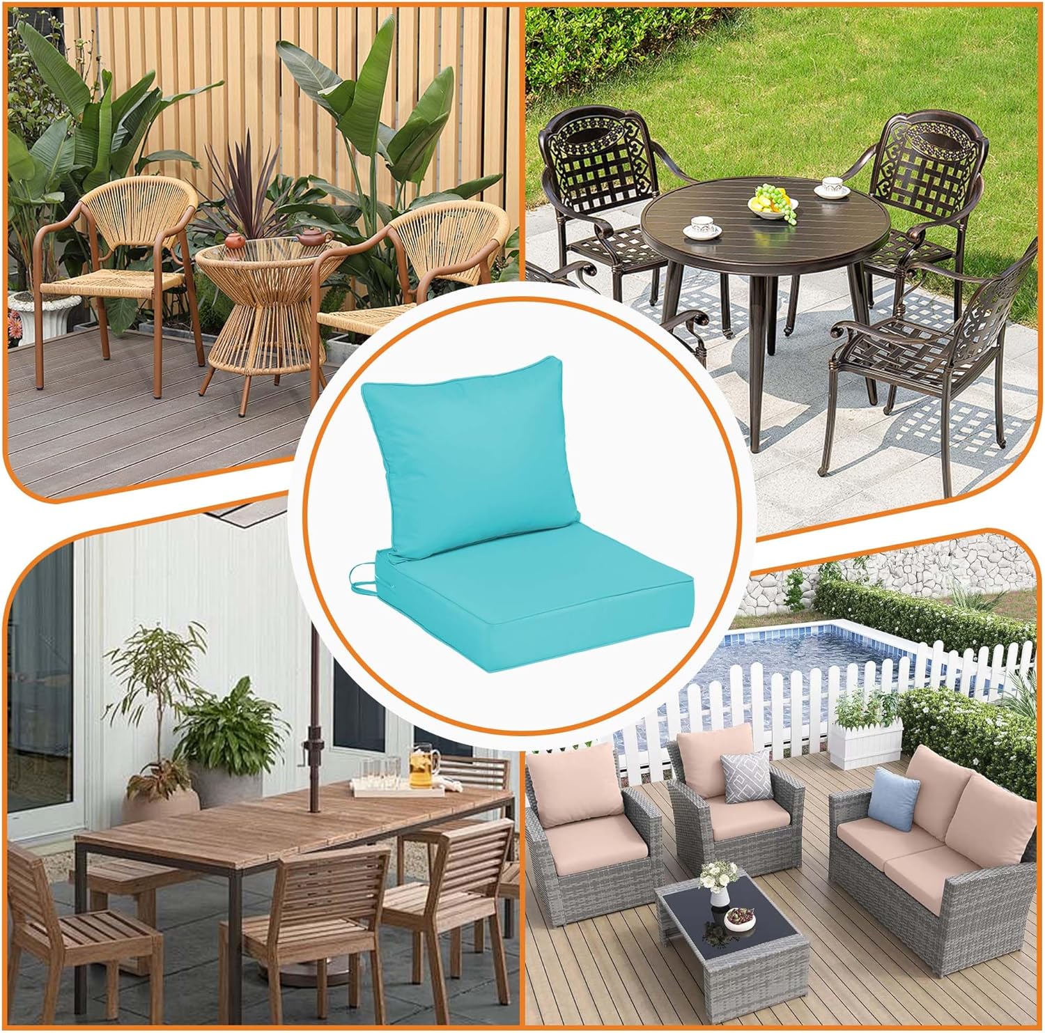Outdoor Chair Cushions 24x24IN Weather Resistant, Set 4 Hampton Bay Replacement Cushions, Patio Deep Seat Cushion for Outside Furniture with Removable Cover,Lake Blue