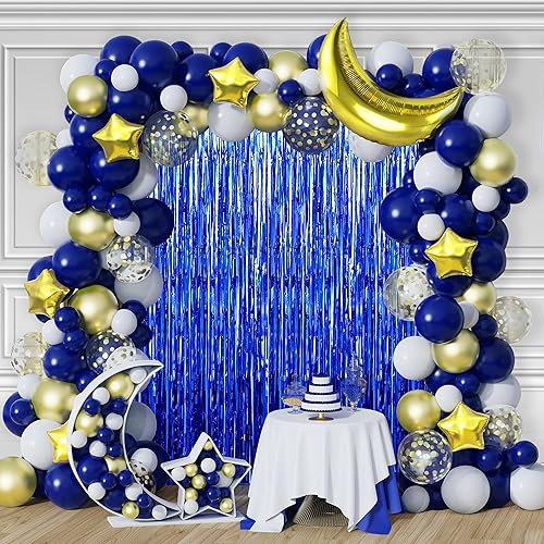 Miniatura 2 de MEHOFOND Paquete de 3 cortinas de flecos de papel de aluminio azul rey de 3.3 x 6.6 pies, decoración de fiesta, telón de fondo metálico con flecos