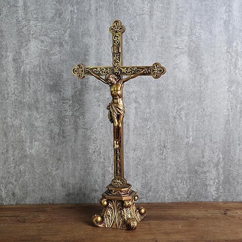 Miniatura 4 de Buildclassic - Crucifijo católico de pie, cruz religiosa de mesa, regalo devoto, pintado a mano en acabado dorado vintage, 14.75 pulgadas de alto