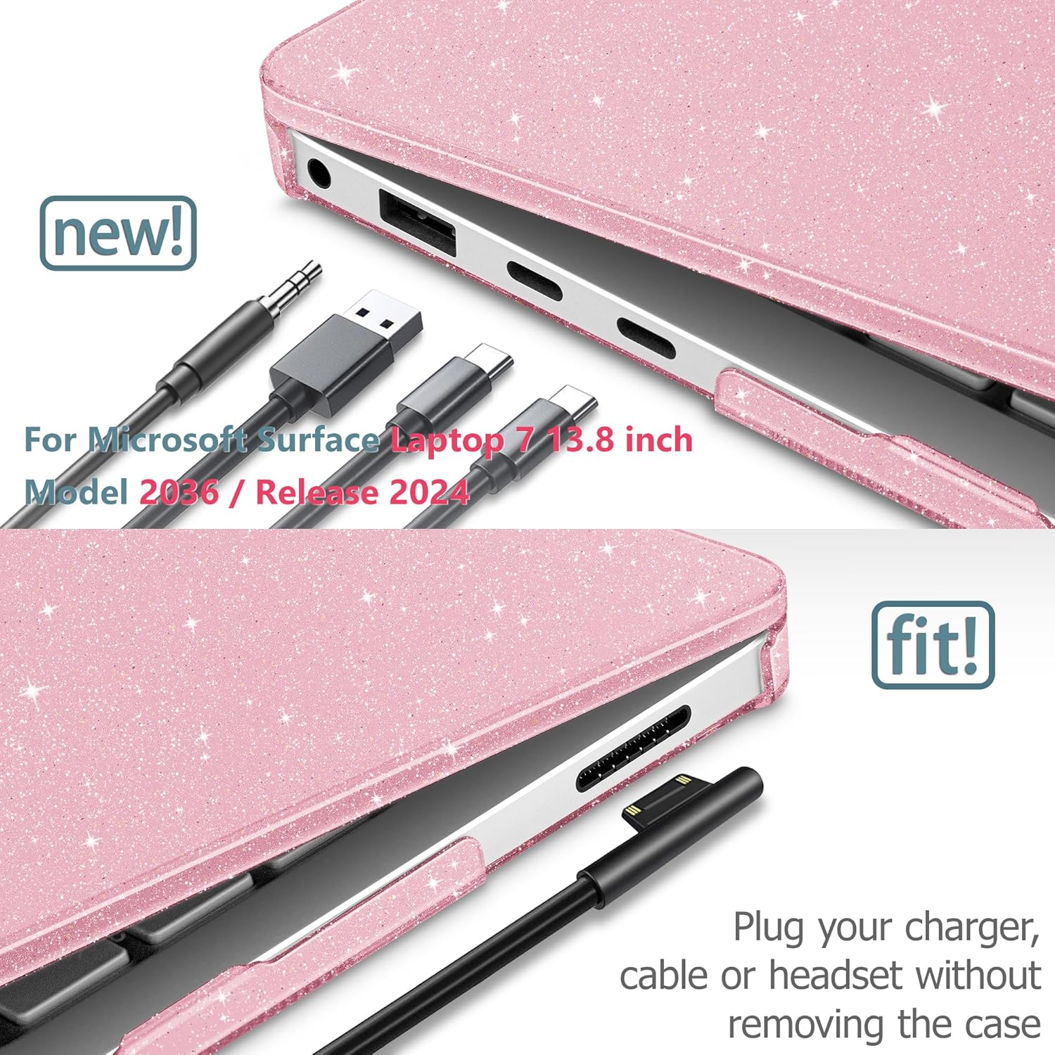 Case for Microsoft Surface Laptop 13.8 inch (Model 2036), 2024 Windows 11 Copilot+ PC, 7th Edition Touchscreen Display, Plastic Hard Shell Case with Keyboard Cover, Sparkly Pink