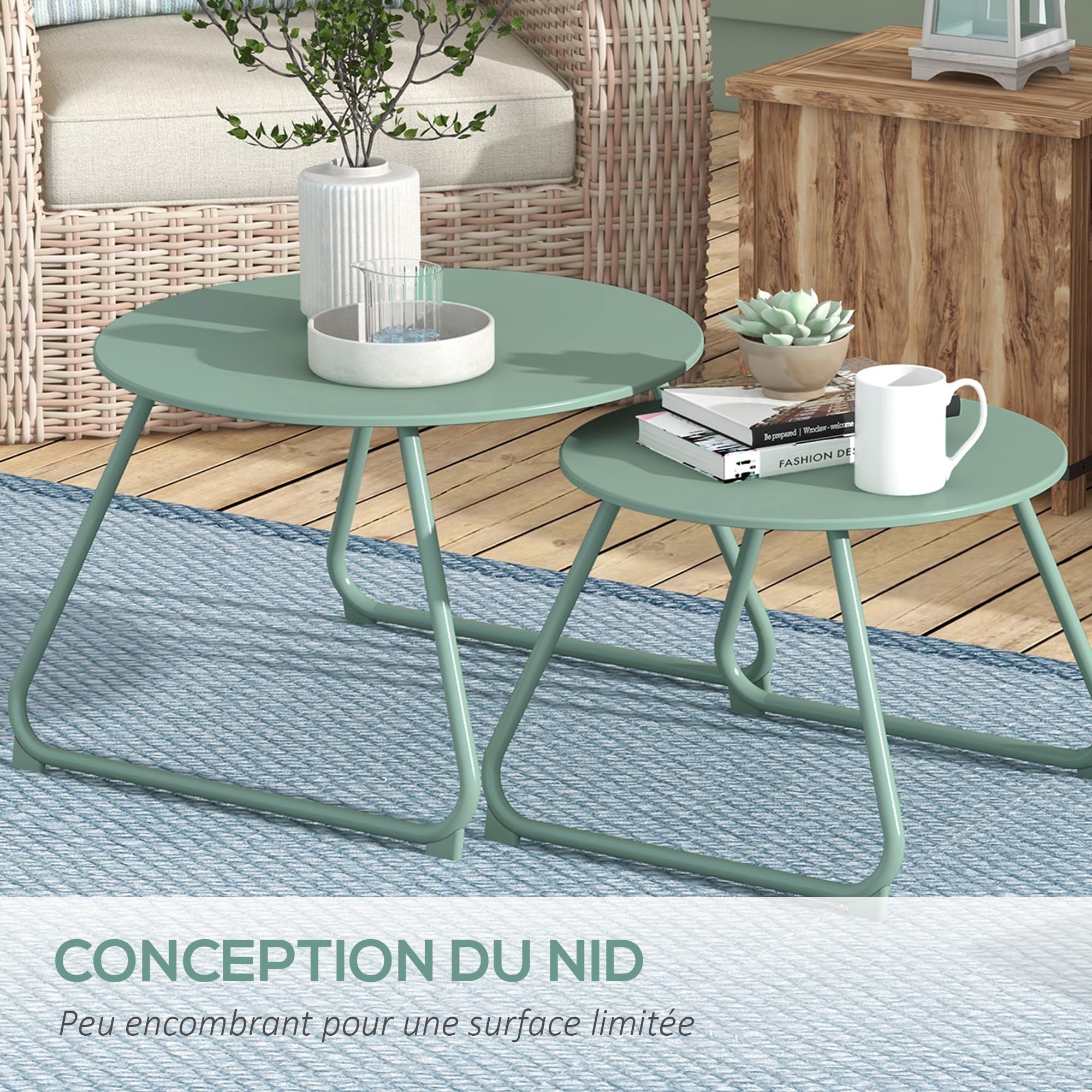 Outsunny Lot de 2 Tables Basses Rondes gigognes empilables de Jardin métal époxy, Table d'Appoint Stable pour extérieur Ø60 et Ø48 cm, Vert