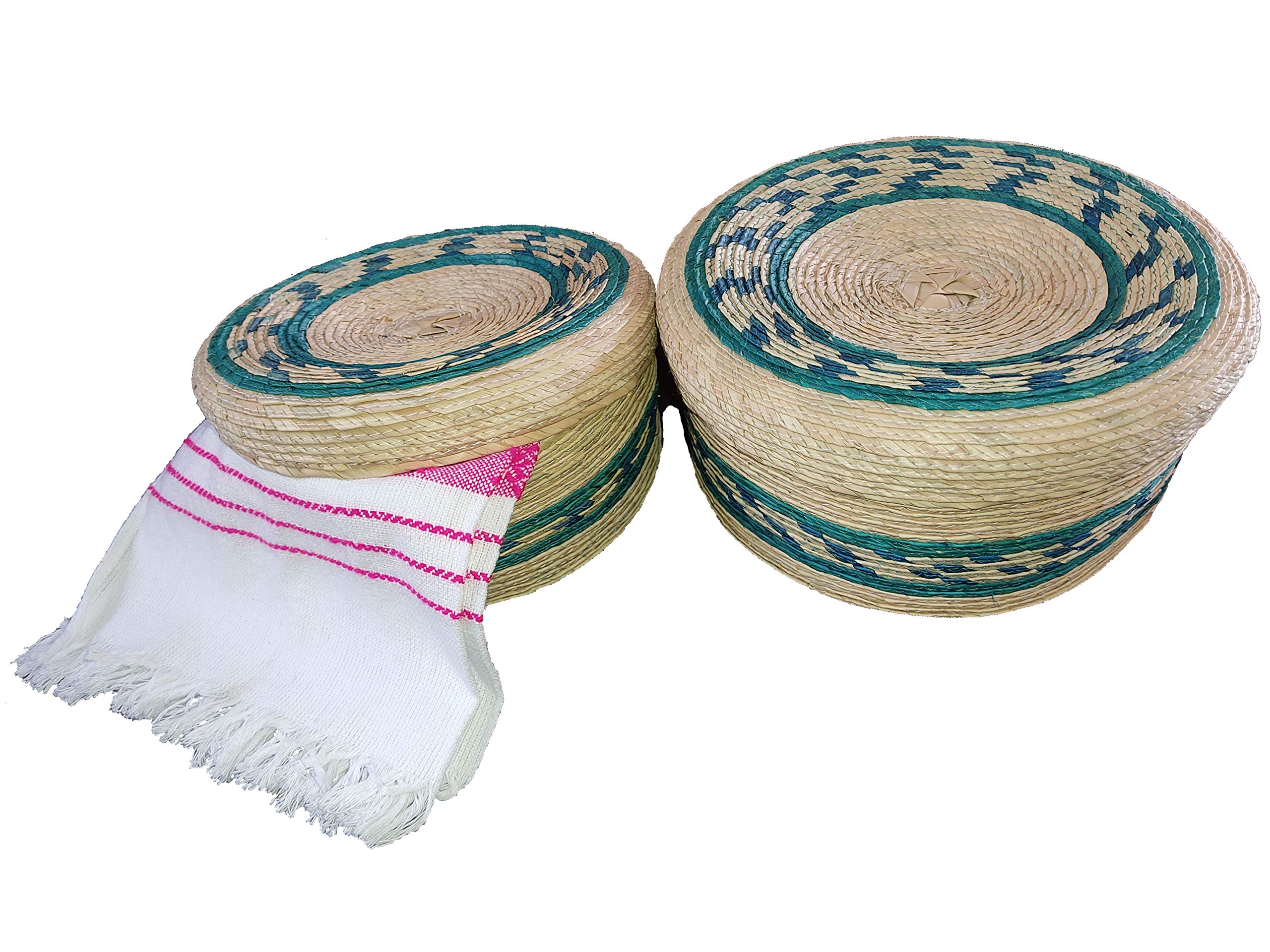 Mexikanische handgefertigte Palmenkörbe mit Deckel und 1 gewebtes Serviettentuch (Servilleta mexicana), 100 % Baumwolle, umweltfreundlich, Tortillero-Stövchen (Tortillero), für Party, Blau, 2 Stück