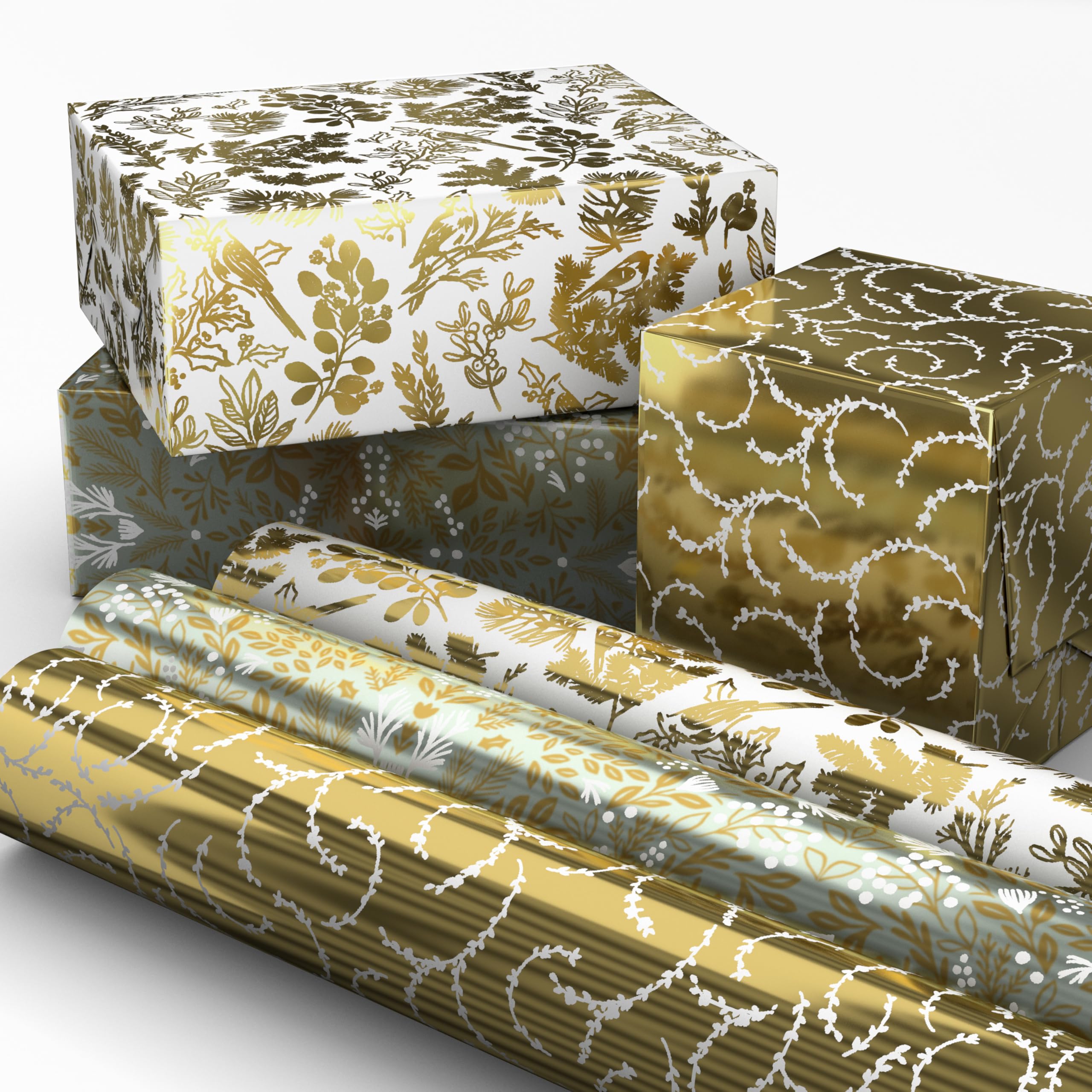 Hallmark Gold Foil Wrapping Paper Mini Rolls, 3-Pack (Shiny Gold Filigree and Foliage on Ivory and Mint Green) for Christmas, Hanukkah, Valentine's Day, Mother's Day, Weddings - 40 Sq. Ft. Total