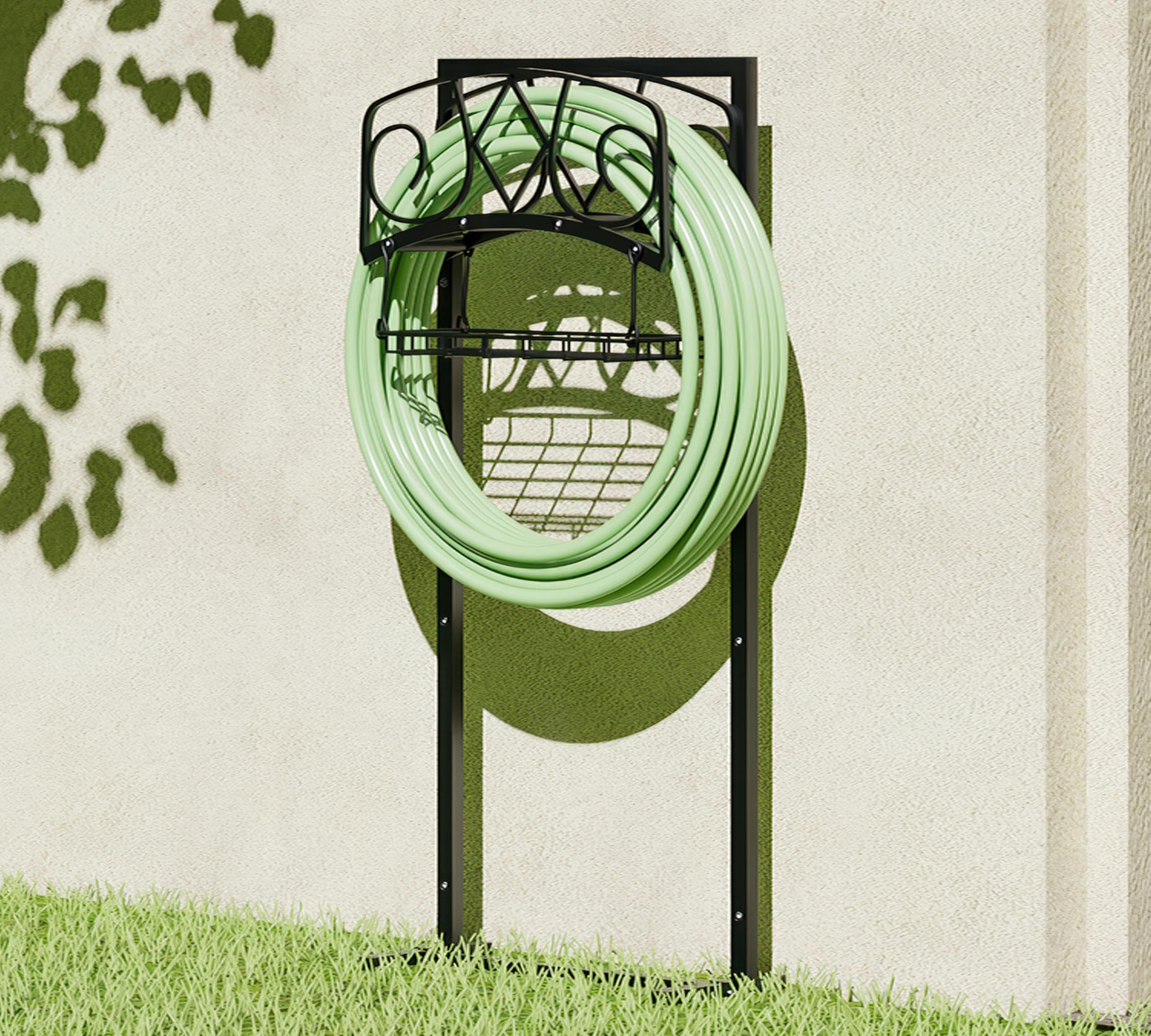 Organizer autoportante per tubo da giardino con finitura verniciata a polvere nera, supporto per tubo rimovibile resistente, contiene tubo da 150 m, include cestino portaoggetti e strumenti