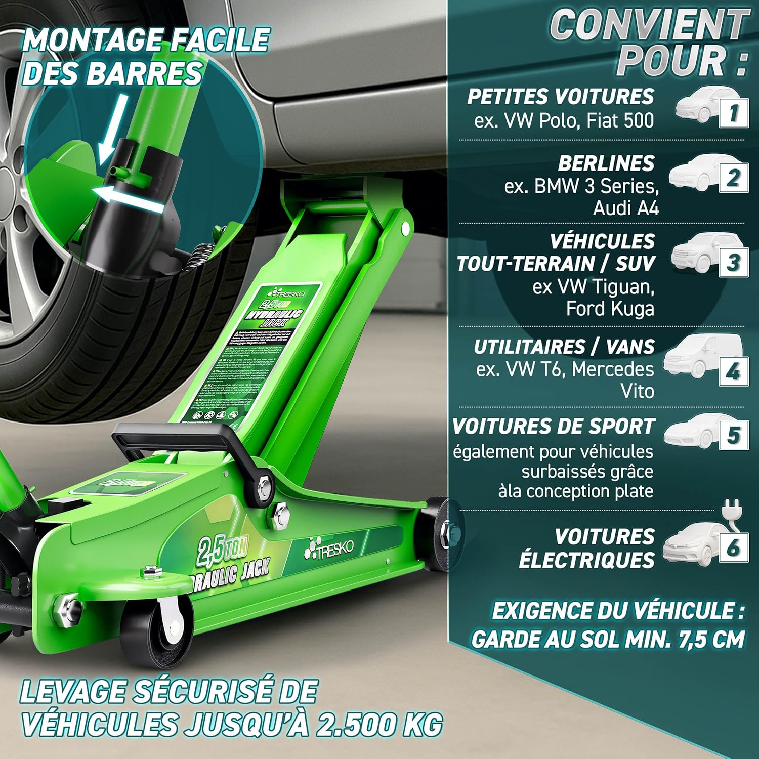 TRESKO hydraulic jack positioned under a vehicle, illustrating its low-profile design and suitability for various car types.
