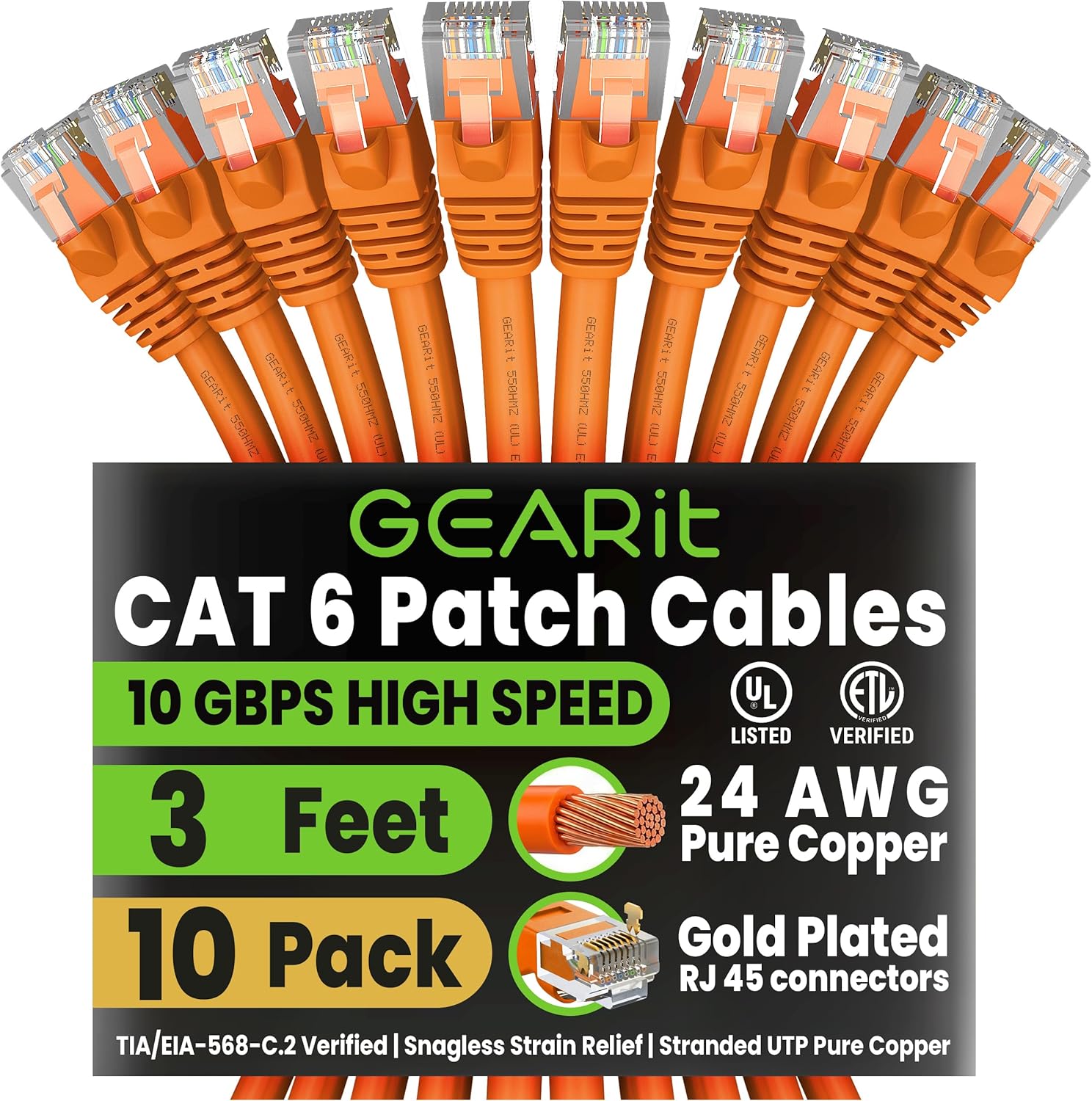 GEARit Cable de Red Cat6 7ft Naranja (10 Unidades) 10Gbps