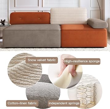 Modular Boneless Sofa 2-3 Seater Cloud Couch 203cm Convertible Floor Sofa Bed for Living Room Grey & Orange with Cushion & Pillow No Assembly Required