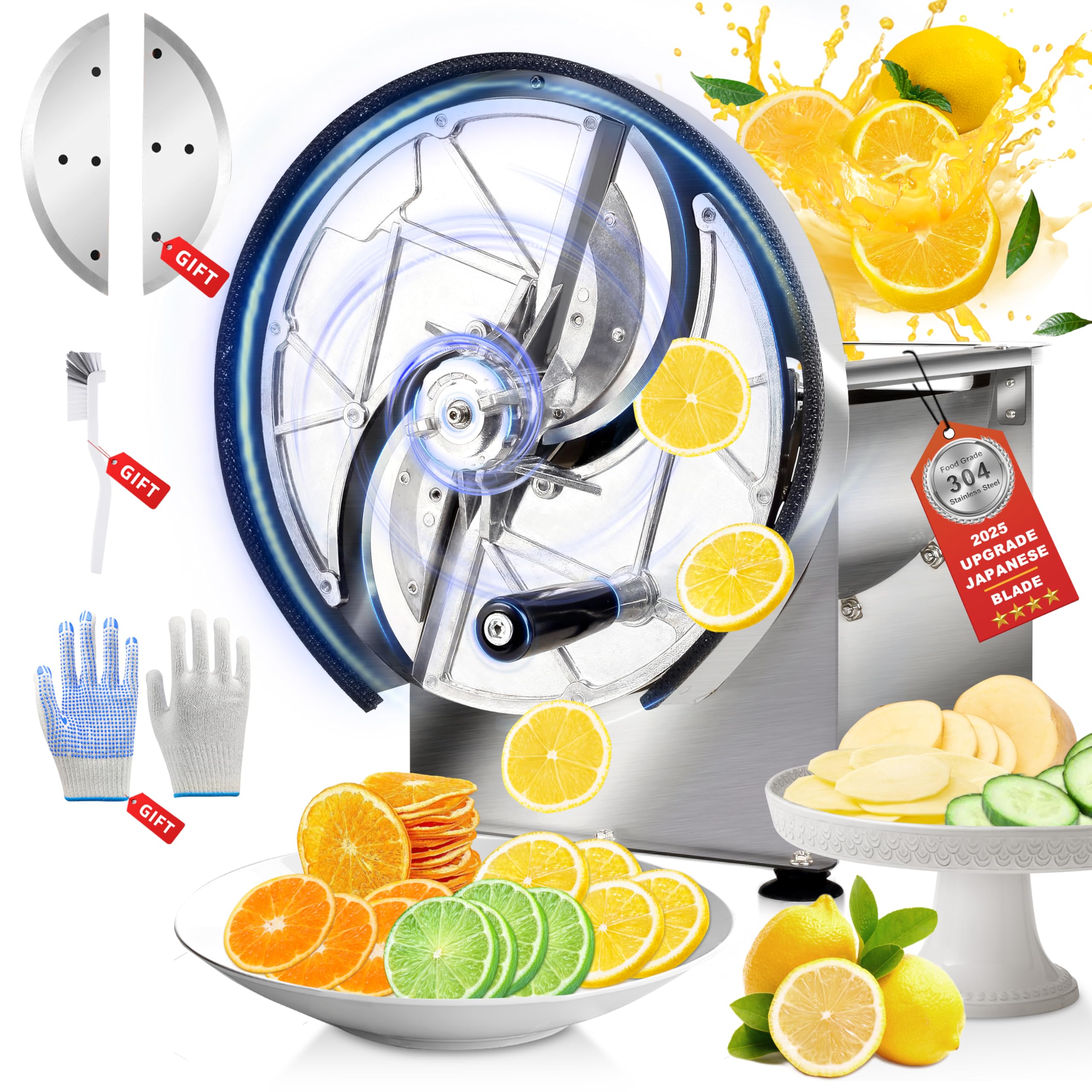 Affettatrice commerciale per verdure – Spessore regolabile manuale 0,2 – 13 mm, in acciaio inox, affettatrice per limoni, pomodori, con 2 lame extra per affettare verdure, pomodori, cipolle, patate,