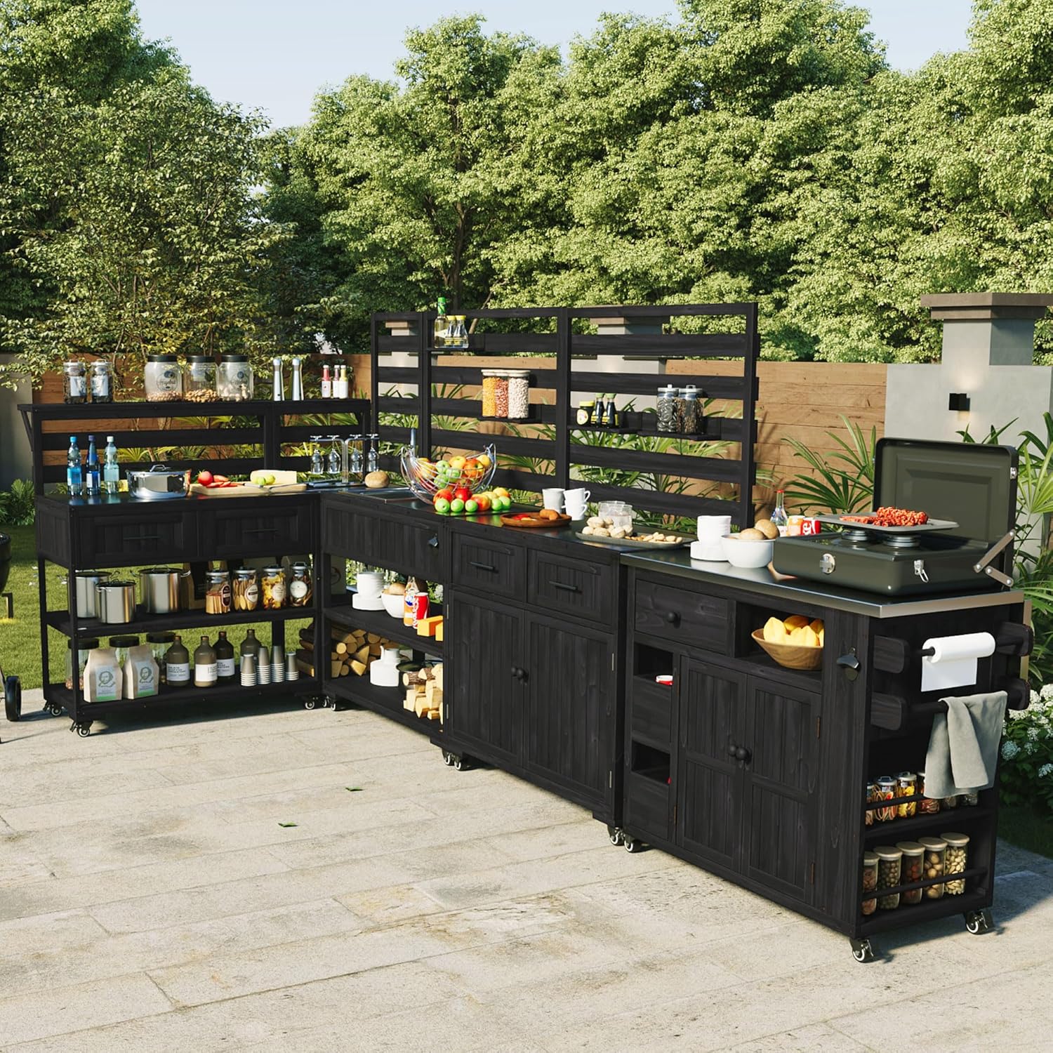 JIVOIT 4-Piece Modular Outdoor Kitchen Island, Rolling Kitchen Island with Sink w/Faucet, Solid Fir Wood Grill Table with Storage Cabinets, Drawers, Stainless Table Top and Movable Shelves (Black/77)