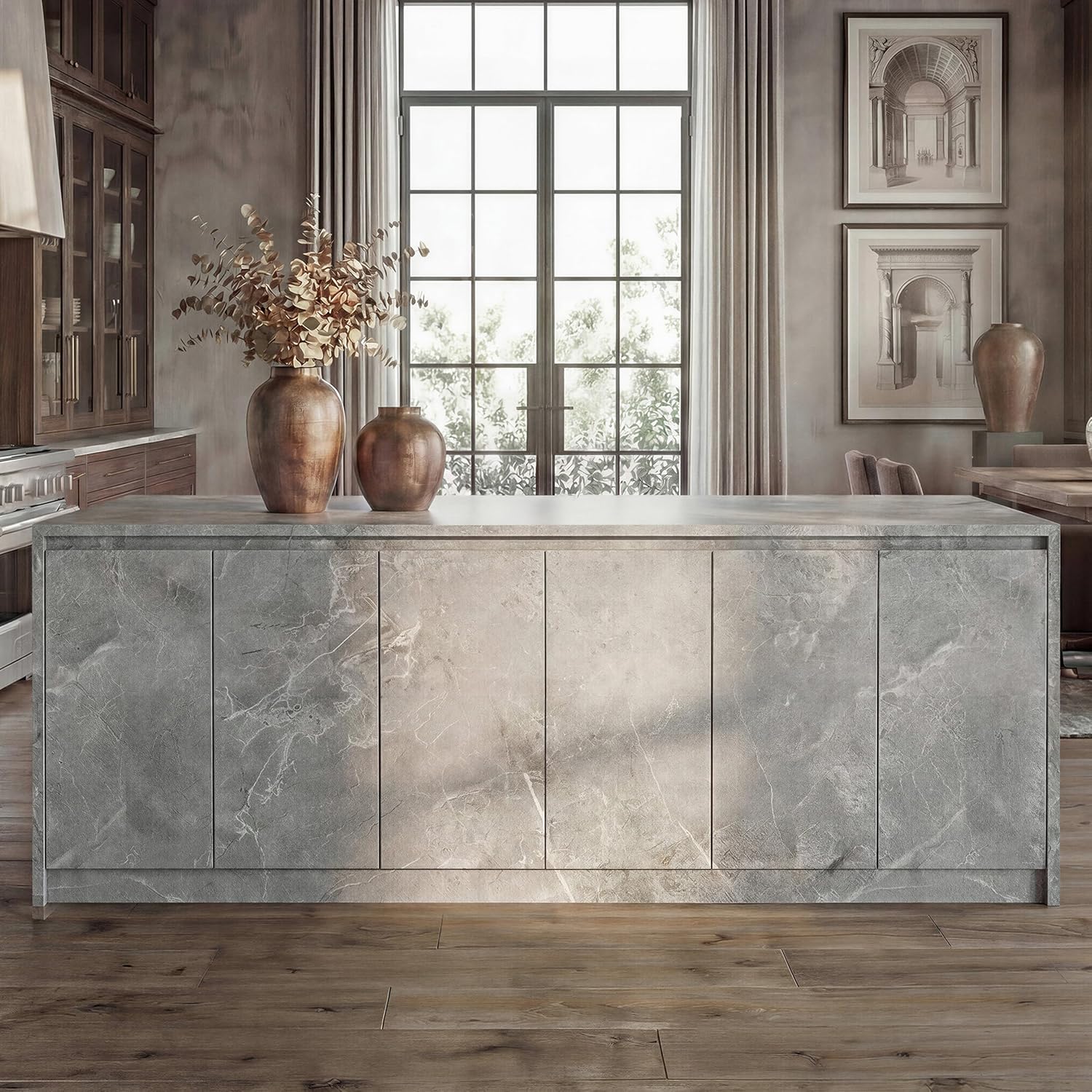 Homsee 94.5-Inch Large Kitchen Island with 6-Door, Home Bar Table Kitchen Station with Seating & Storage, Wood Stationary Island Table Breakfast Counter for Dining Room, Grey with Marble Veneer