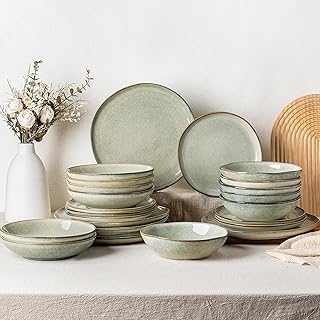GBhome GDW007GY-24P-EU Stoneware Crockery Set for 6 People, 24-Piece Reactive Glaze Handmade Crockery Set, Microwave & Dishwasher Safe Bowl and Plate Set, Desret Sage, Desret Sage