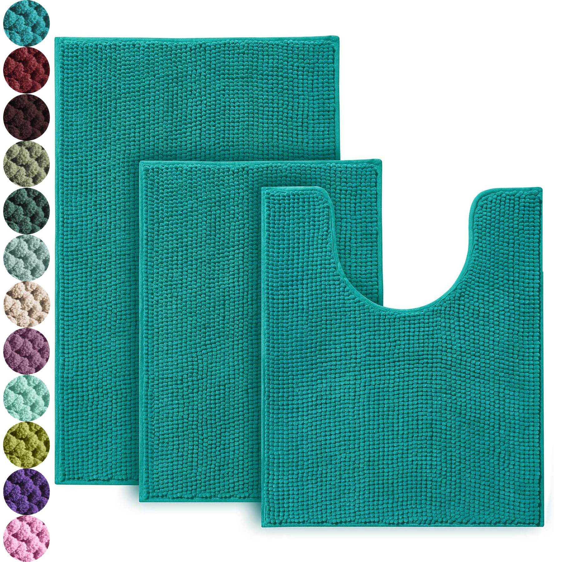 Urvoix 3 Pieces Bathroom Rugs Set, Non-Slip Chenille Bath Rug, Ultra Soft and Super Absorbent Bath Mat for Bathroom, Toilet and Tub (Teal Green)